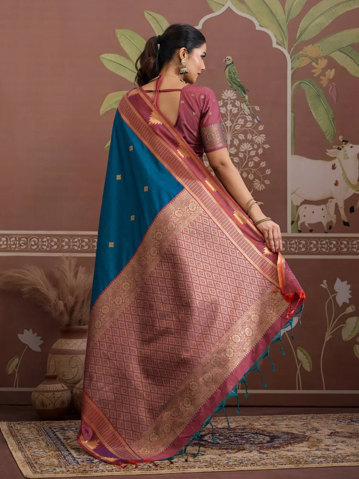 Tarani silk saree blouse view in deep maroon with ethnic sleeve detailing