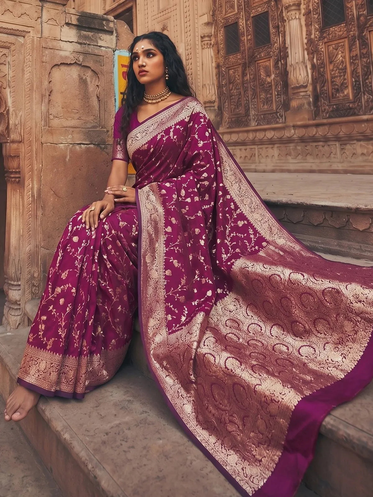 Tarani Shloka magenta Art Silk saree pallu view with elegant zari woven border
