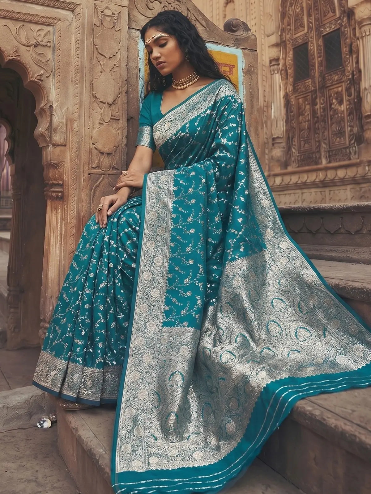 Tarani Ekveera teal art silk saree front view with designer border and elegant pallu