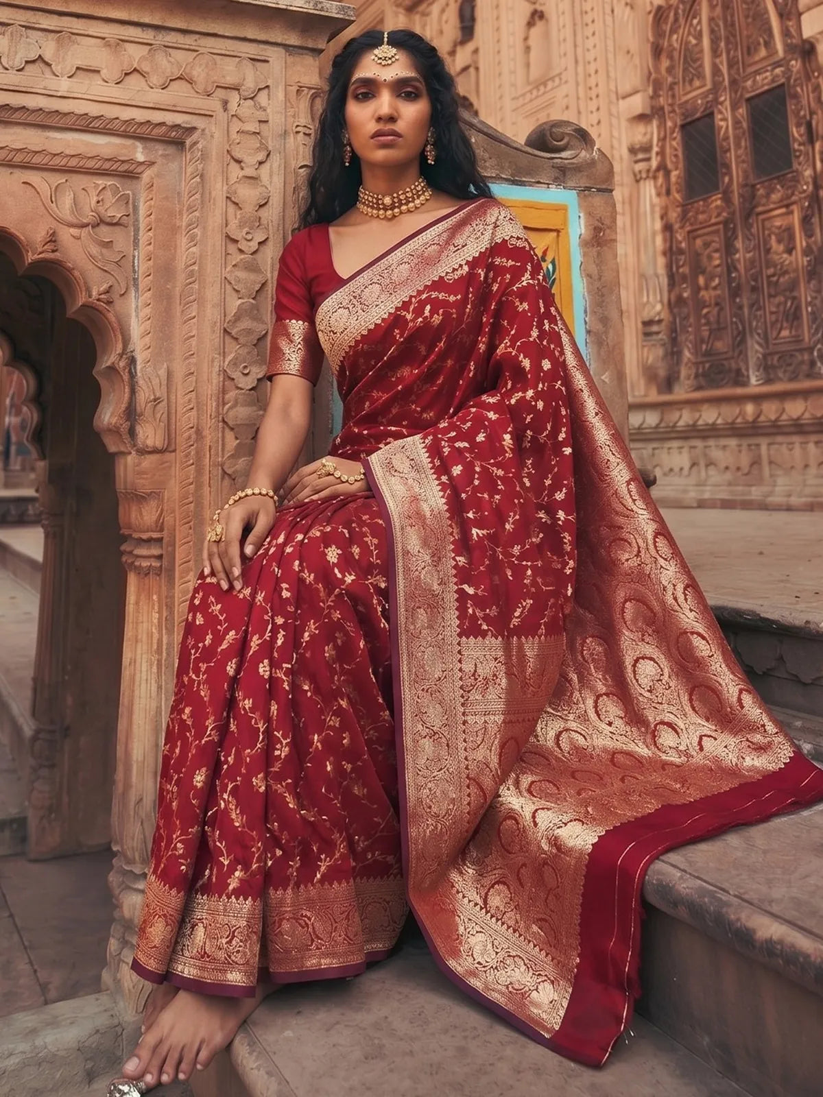 Tarani Joshika maroon art silk saree front view with heavy zari border and woven floral motifs