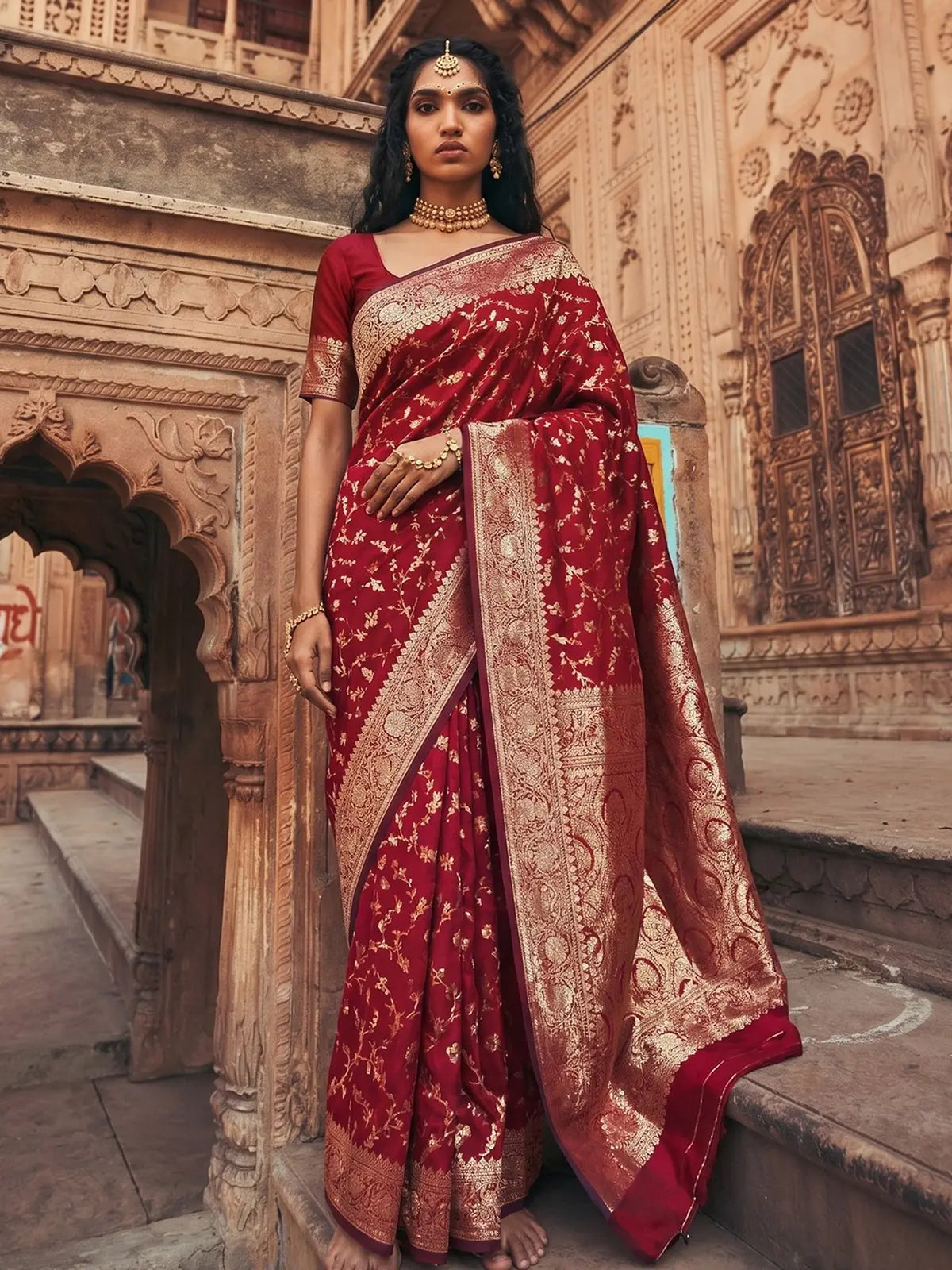 Tarani Joshika premium maroon art silk saree with rich zari weaving and elegant pallu full view for wedding wear