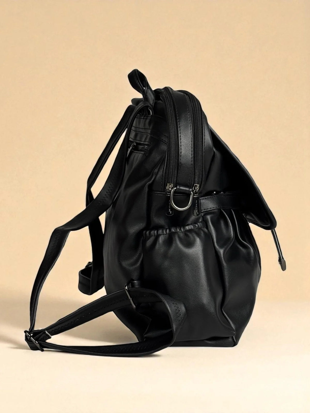 Tarani black PU leather backpack open view with compartments