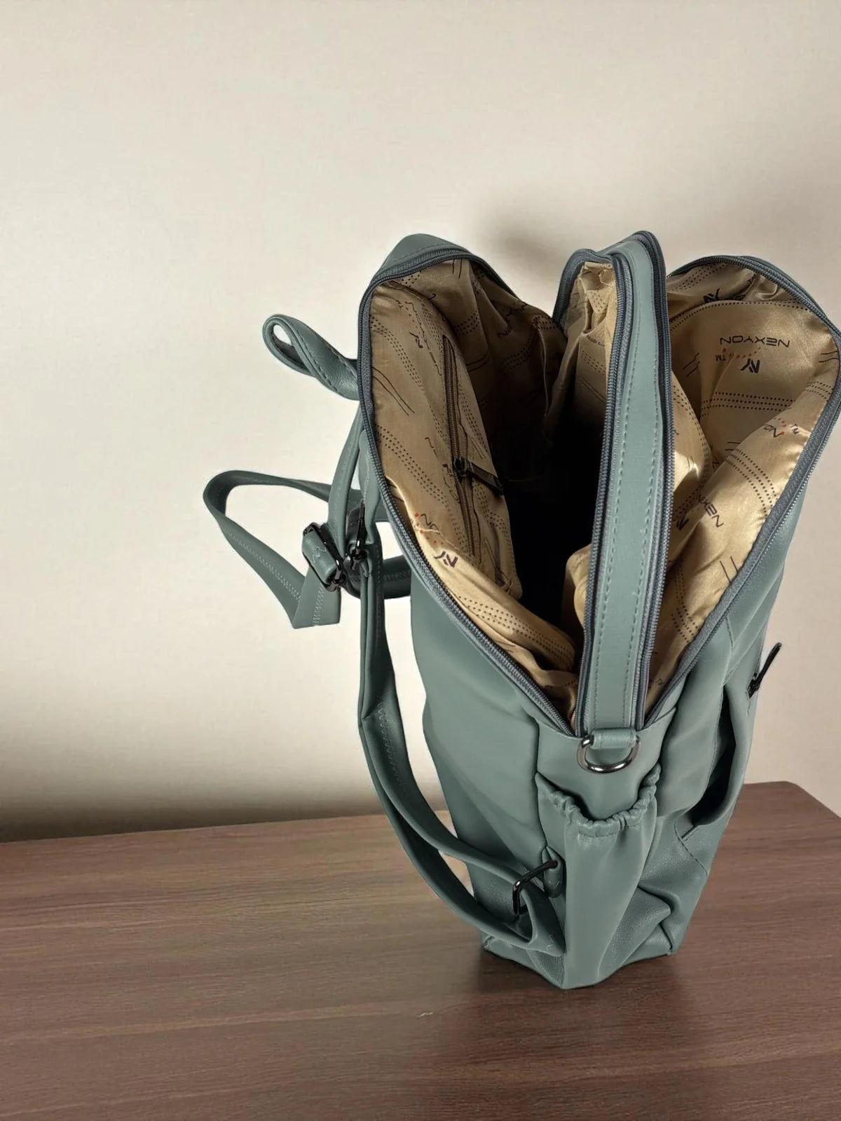Tarani PU leather green backpack interior view