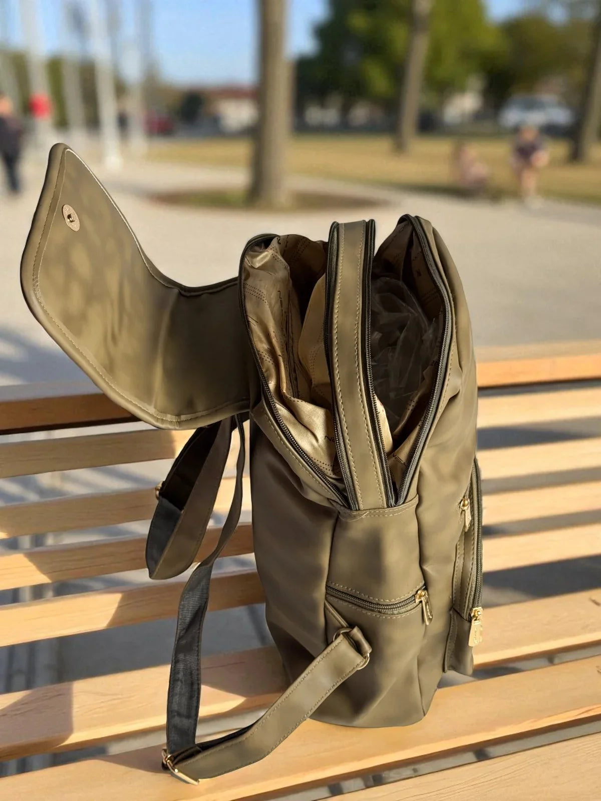 Tarani olive PU leather backpack open view spacious interior