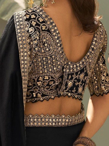 Tarani black bamber silk saree back blouse view with detailed gota patti work