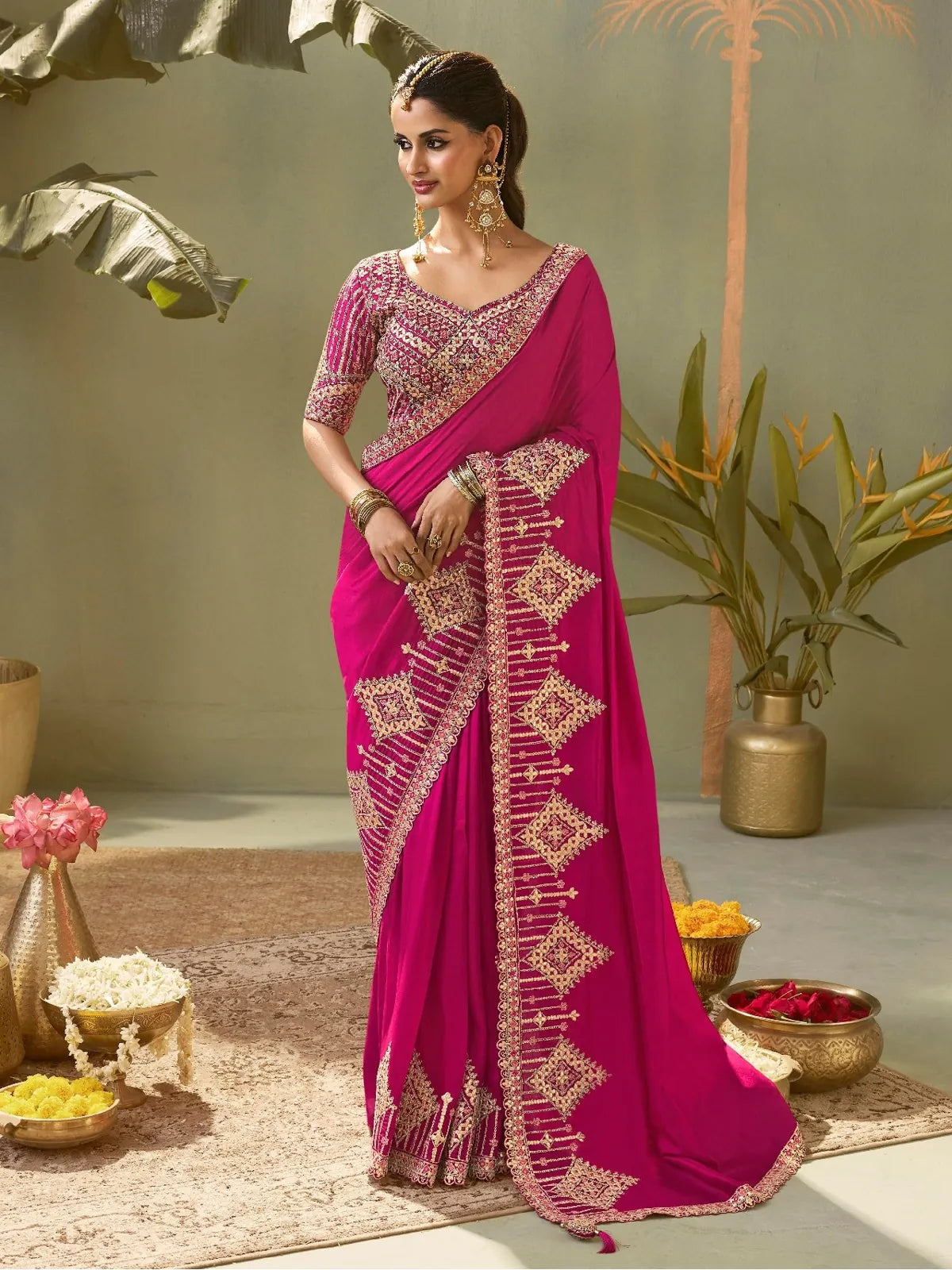 Tarani pink bamber silk saree with gota patti embroidery and designer blouse for festive occasions