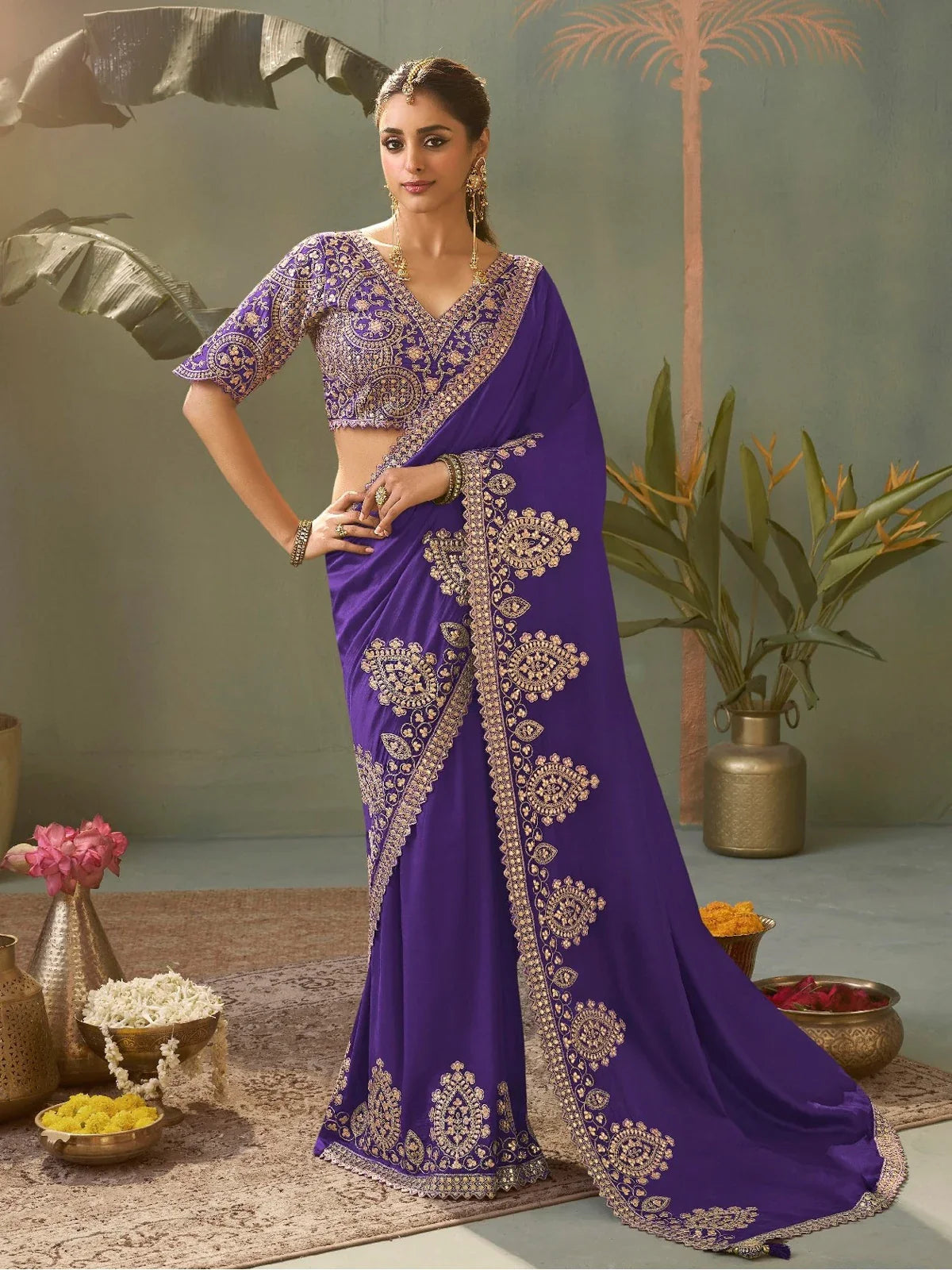 Tarani purple Bamber silk saree full view with gota patti embroidery blouse