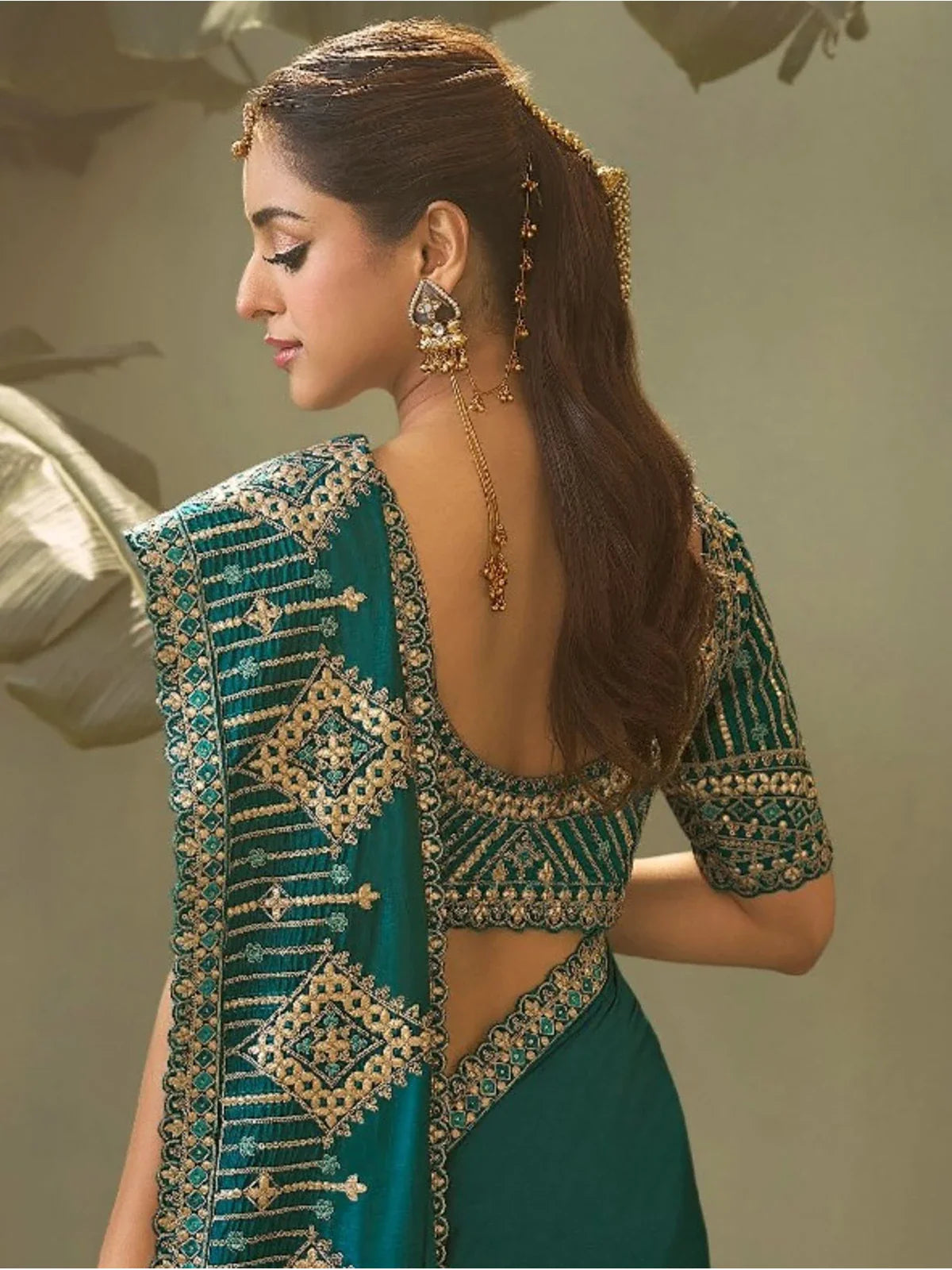 Tarani teal bamber silk saree back blouse view with elegant gota patti embroidery