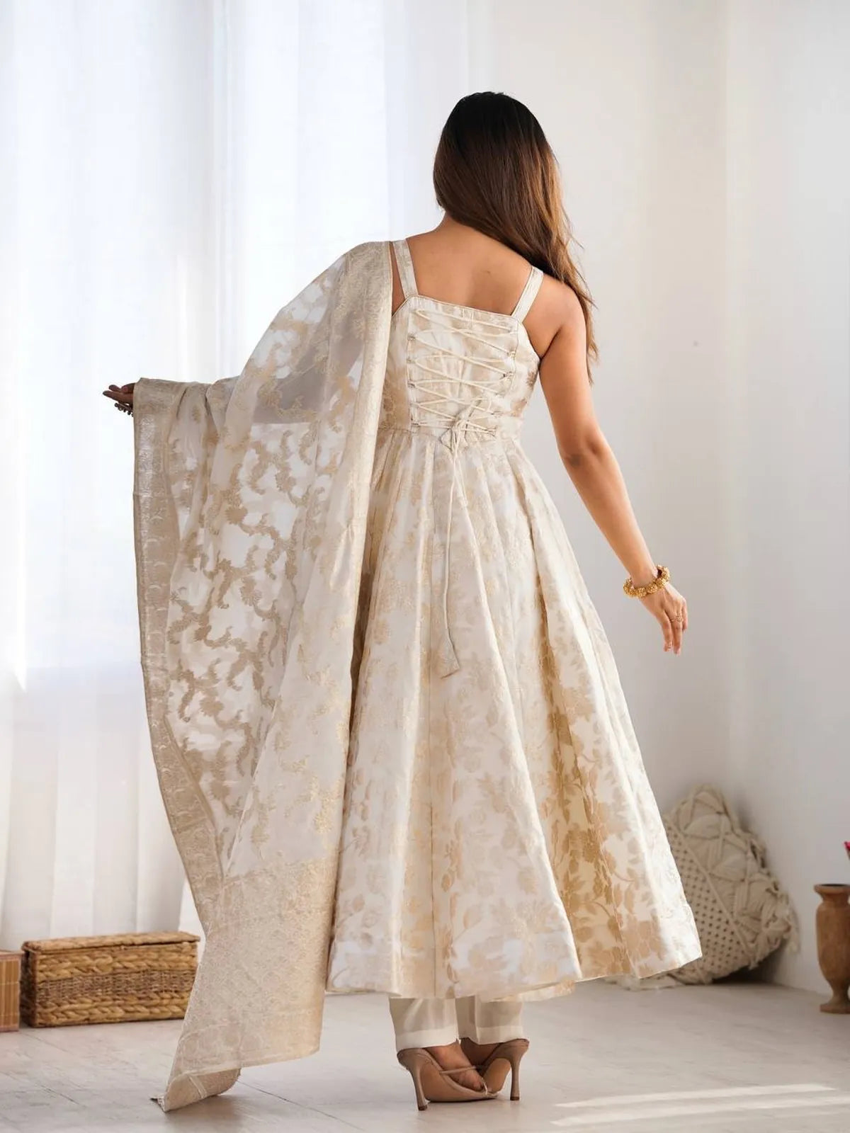 Tarani back dori pattern off white banarasi jacquard festive dress with kalidar flare view