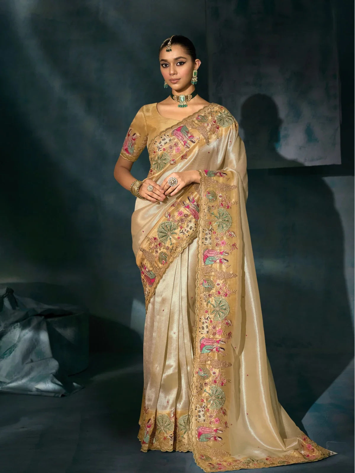 Tarani golden Banarasi saree with silk blouse and heavy Lucknowi zarkan embroidery full view