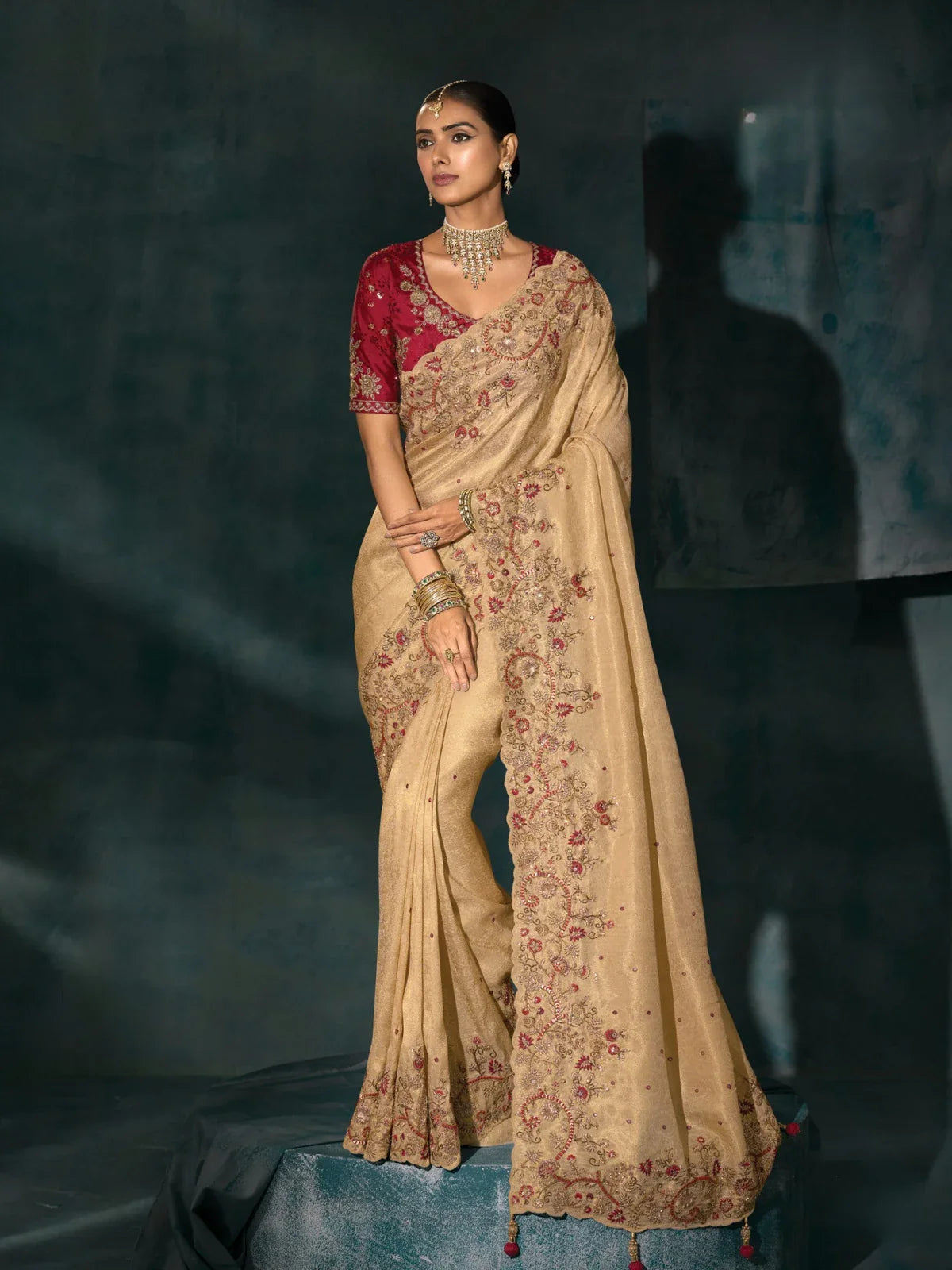 Tarani golden Banarasi saree full view with heavy Lucknowi and zarkan embroidery work