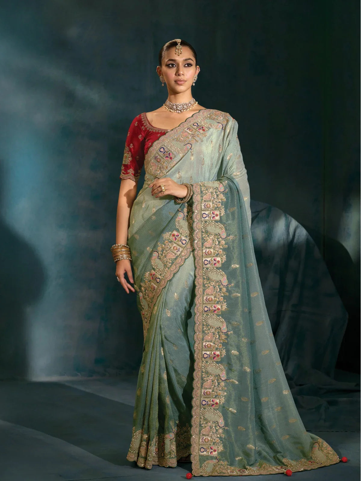 Tarani premium green Banarasi saree with silk blouse full view for weddings and parties