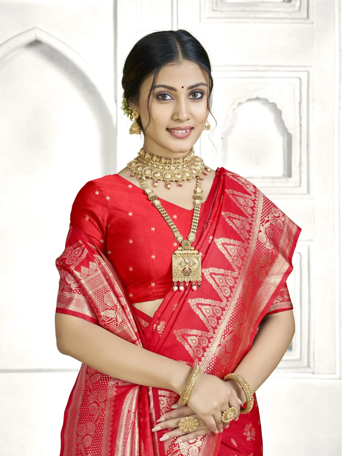 Tarani Banarasi red saree upper body view with elegant zari blouse and jewellery