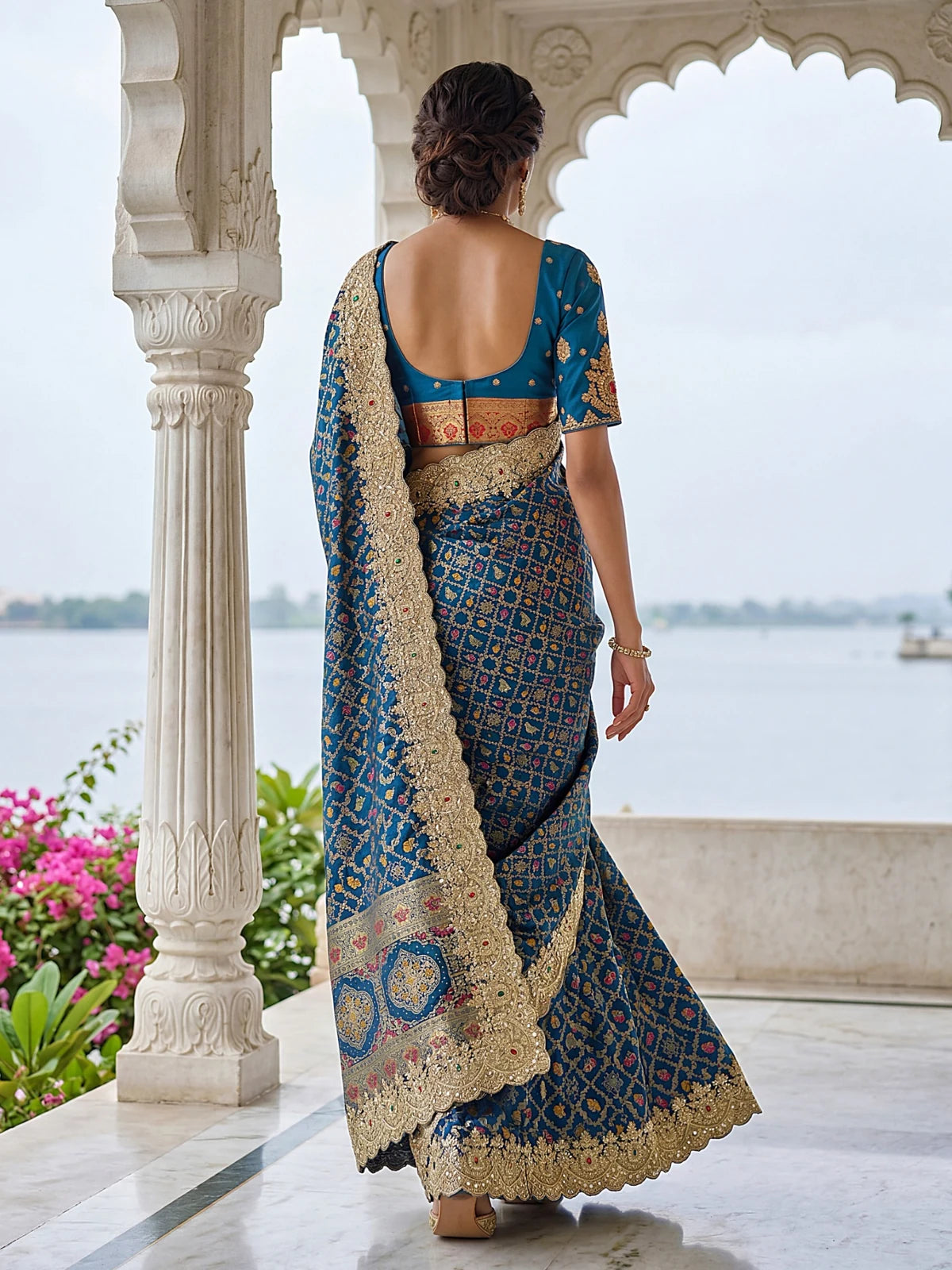 Tarani Nalika back view Banarasi silk saree showcasing blouse back design and pallu