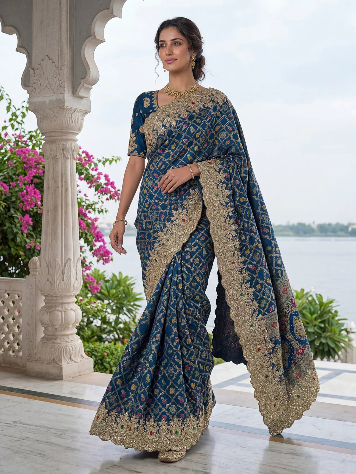 Tarani Nalika front view Banarasi silk saree with heavy lace border and stone detailing