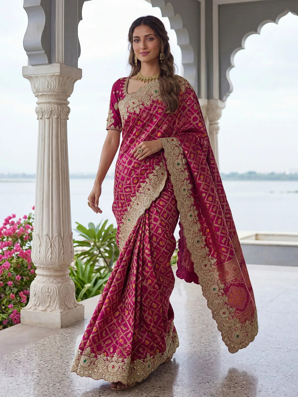 Tarani Madhura magenta Banarasi silk saree front view with designer embroidered border and pallu