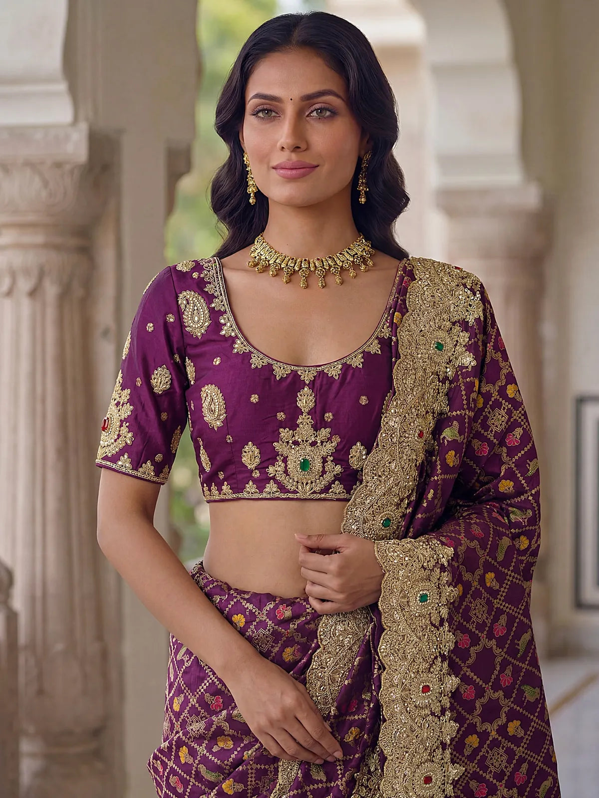 Tarani Ankita purple Banarasi silk saree upper body view with embroidered blouse
