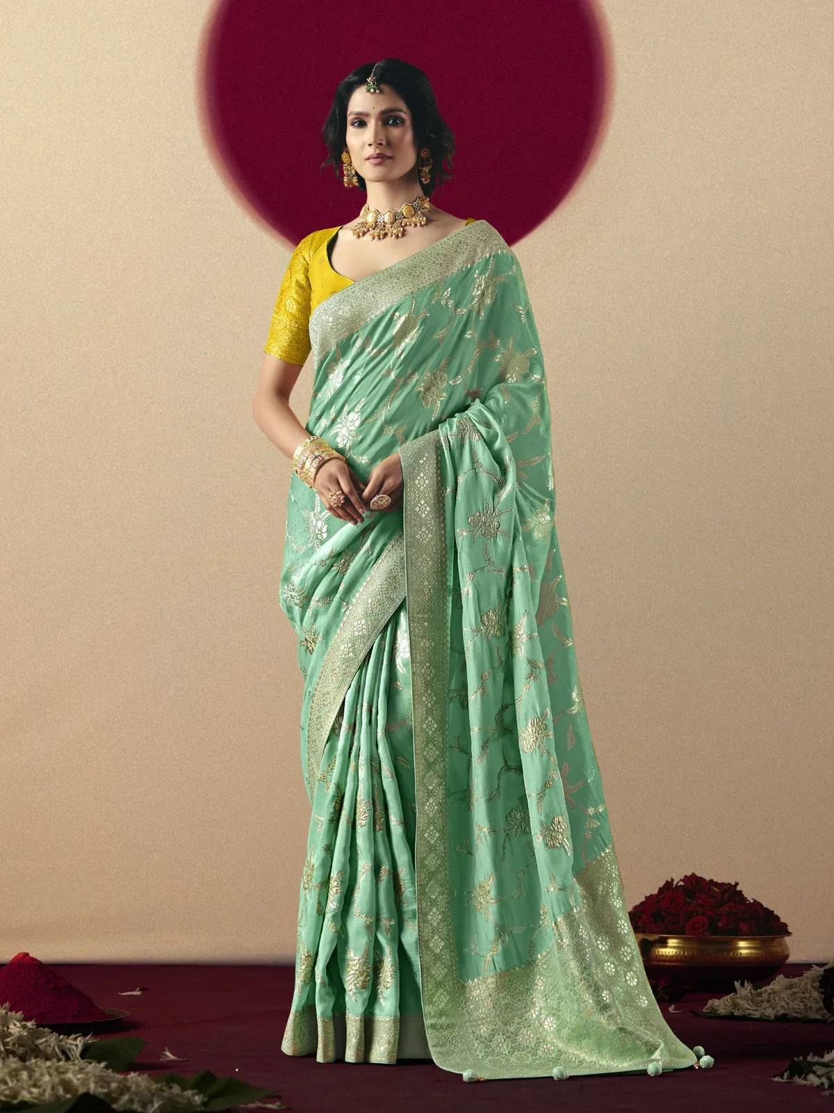 Tarani premium green bemberg viscose saree with designer weaving and tussles full view