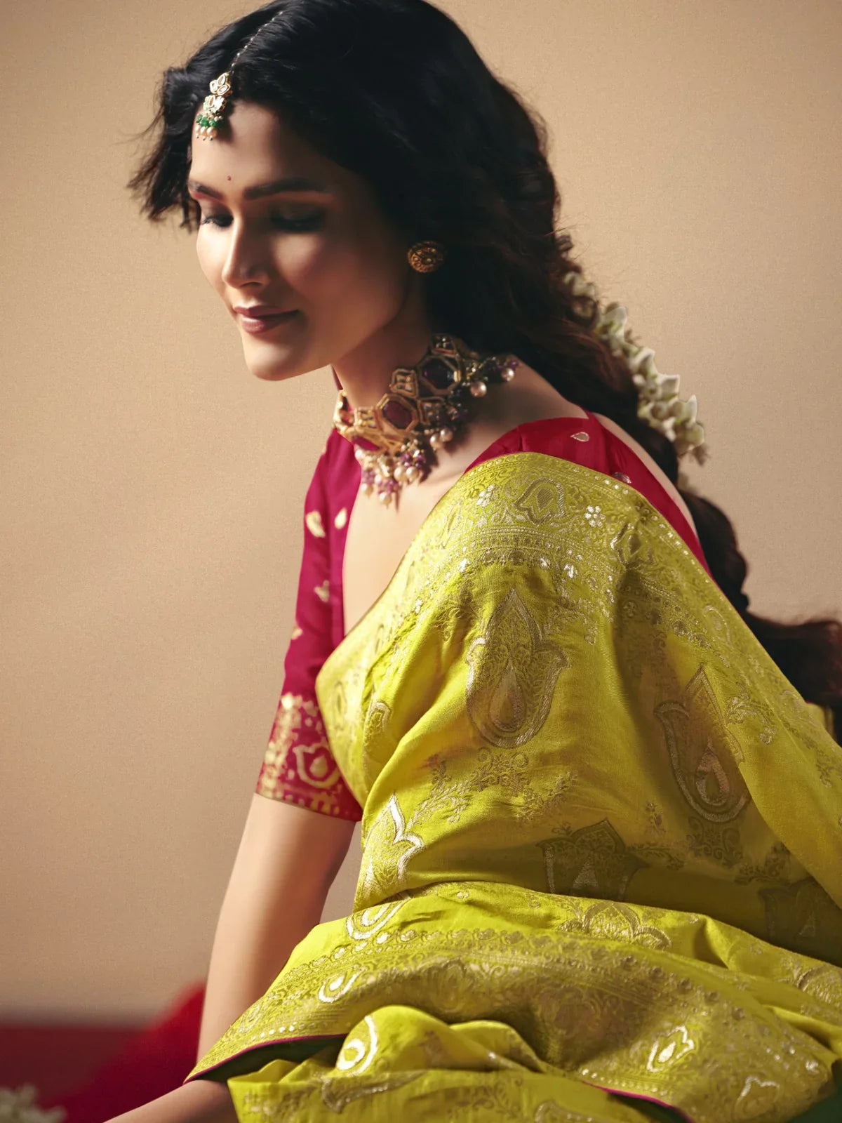 Tarani yellow bemberg viscose saree elegant side profile view