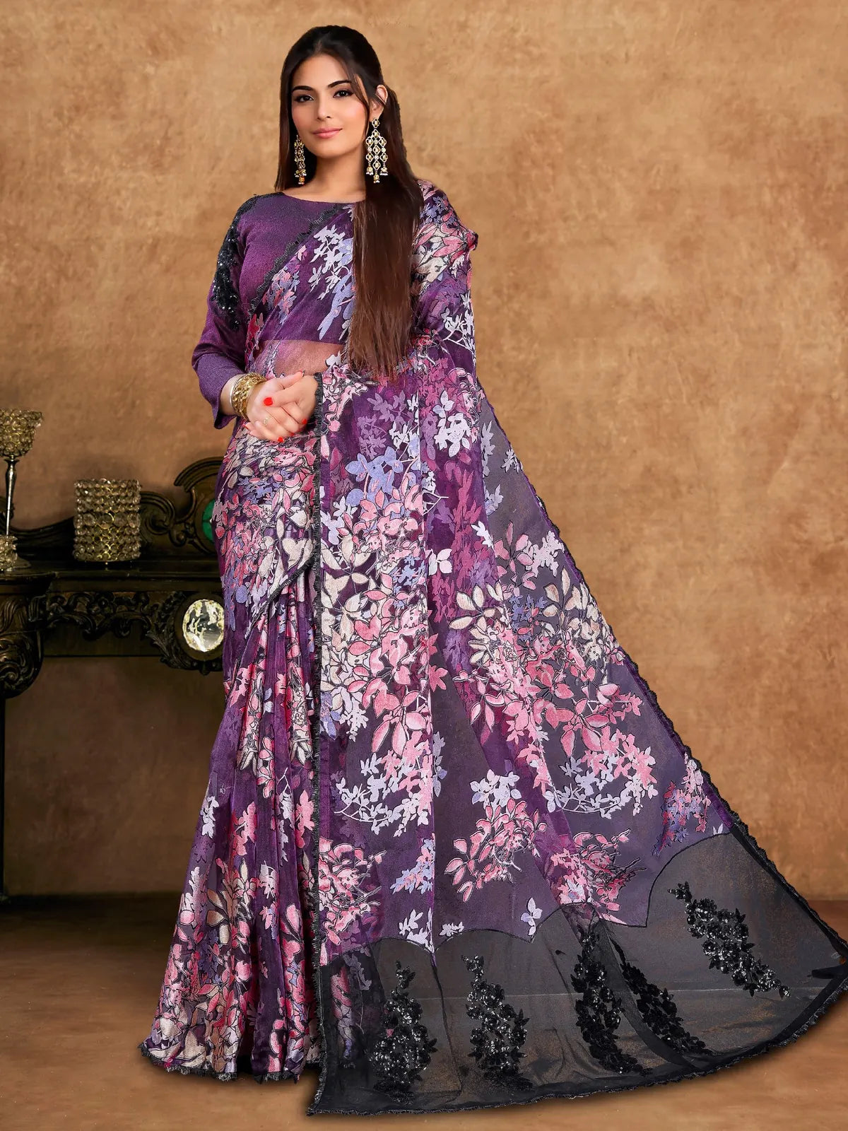 Tarani Navanshi purple Brasso saree full view with floral design and stone embroidery with Raw Silk blouse