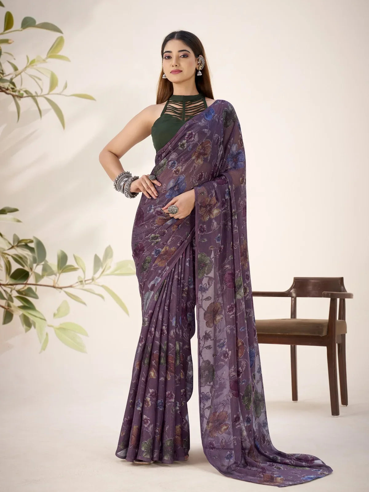 Tarani premium purple lurex brasso saree with floral shimmer and silk blouse, perfect for party and casual wear