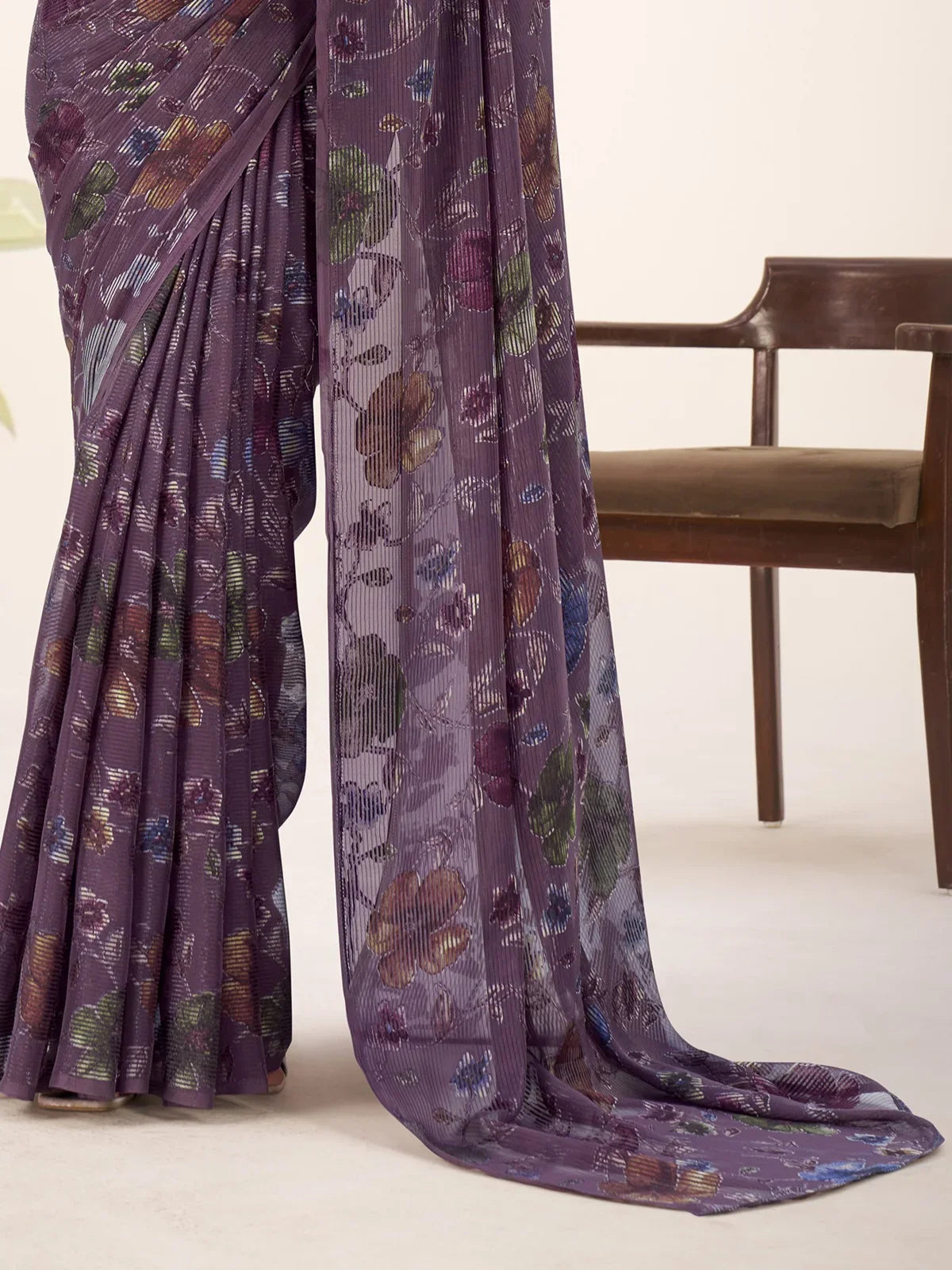 Tarani lurex brasso saree closeup showing multicolor floral shimmer and fabric texture