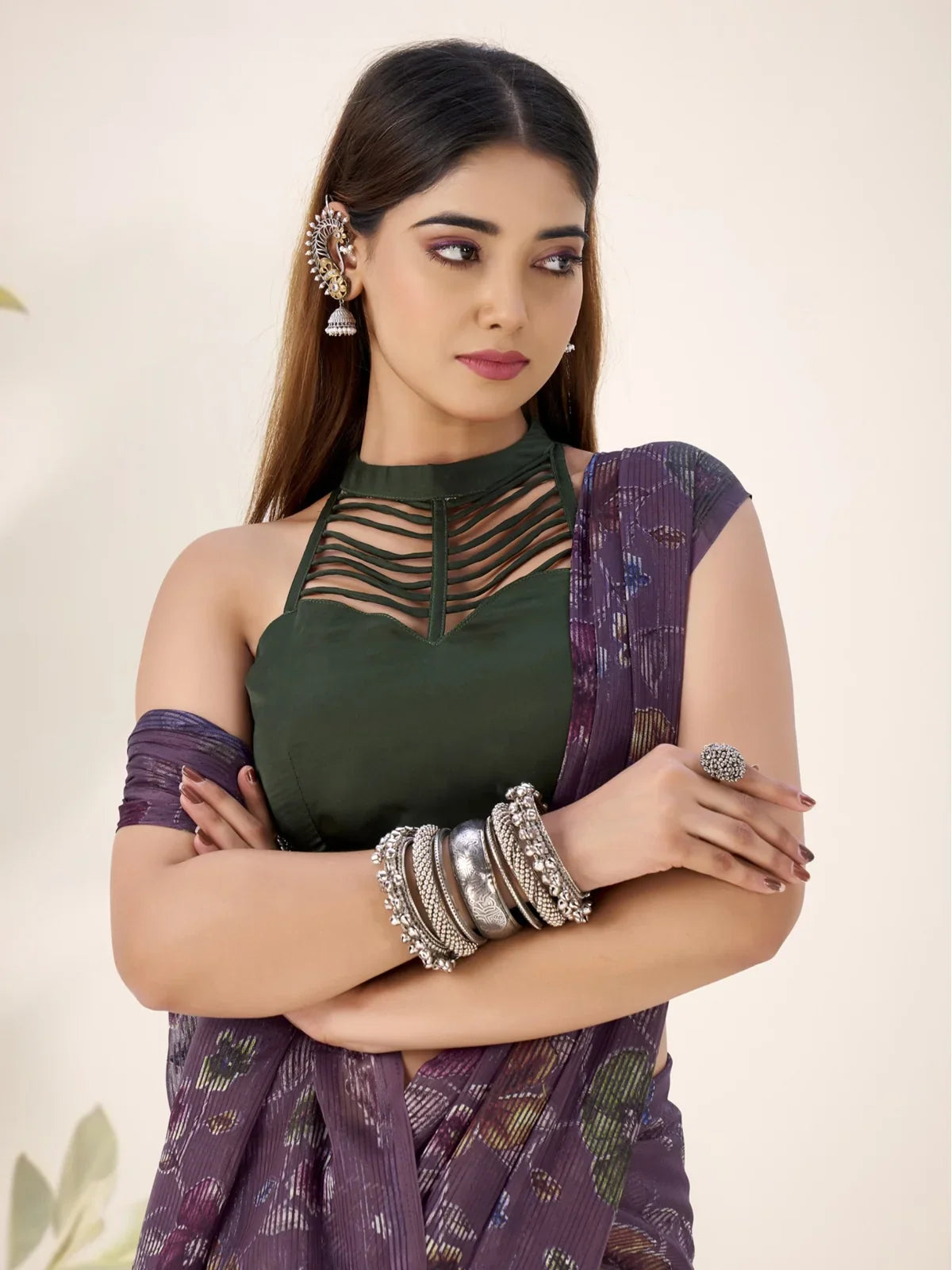 Tarani saree closeup showing upper body view with natural silk blouse and silver bangles