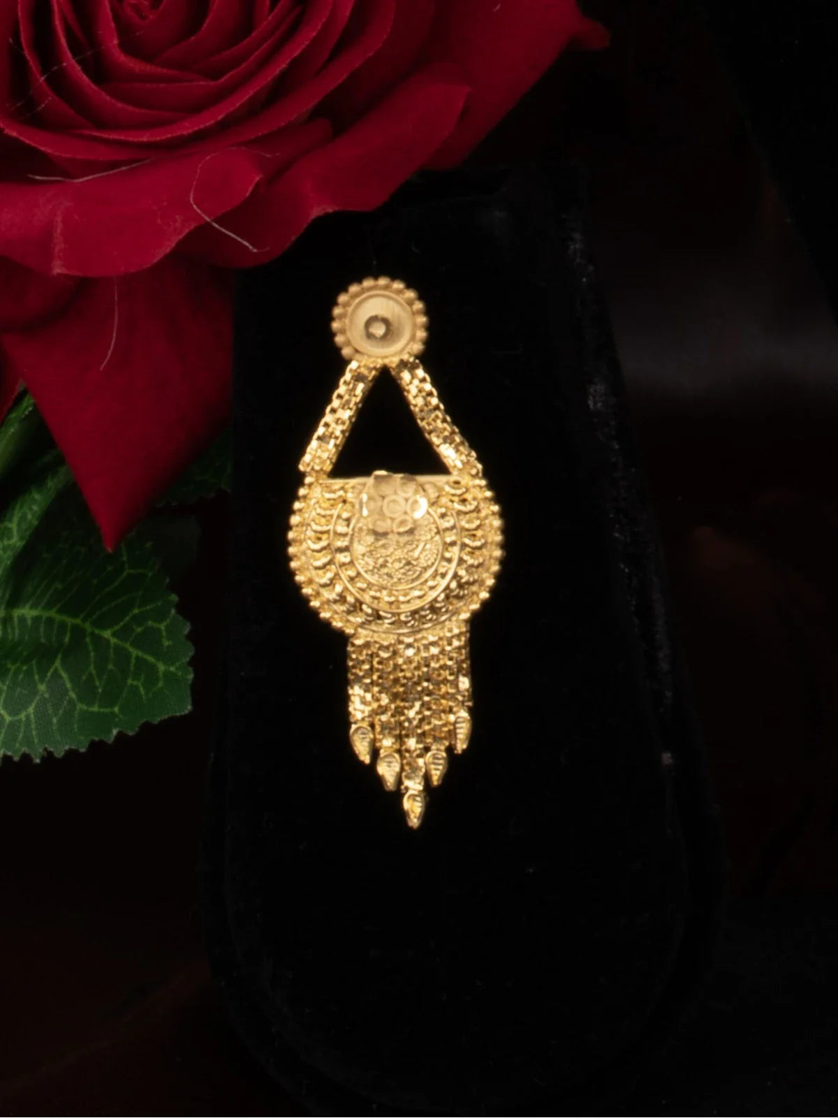 Tarani bridal set gold plated matching earrings with intricate detailing for wedding look