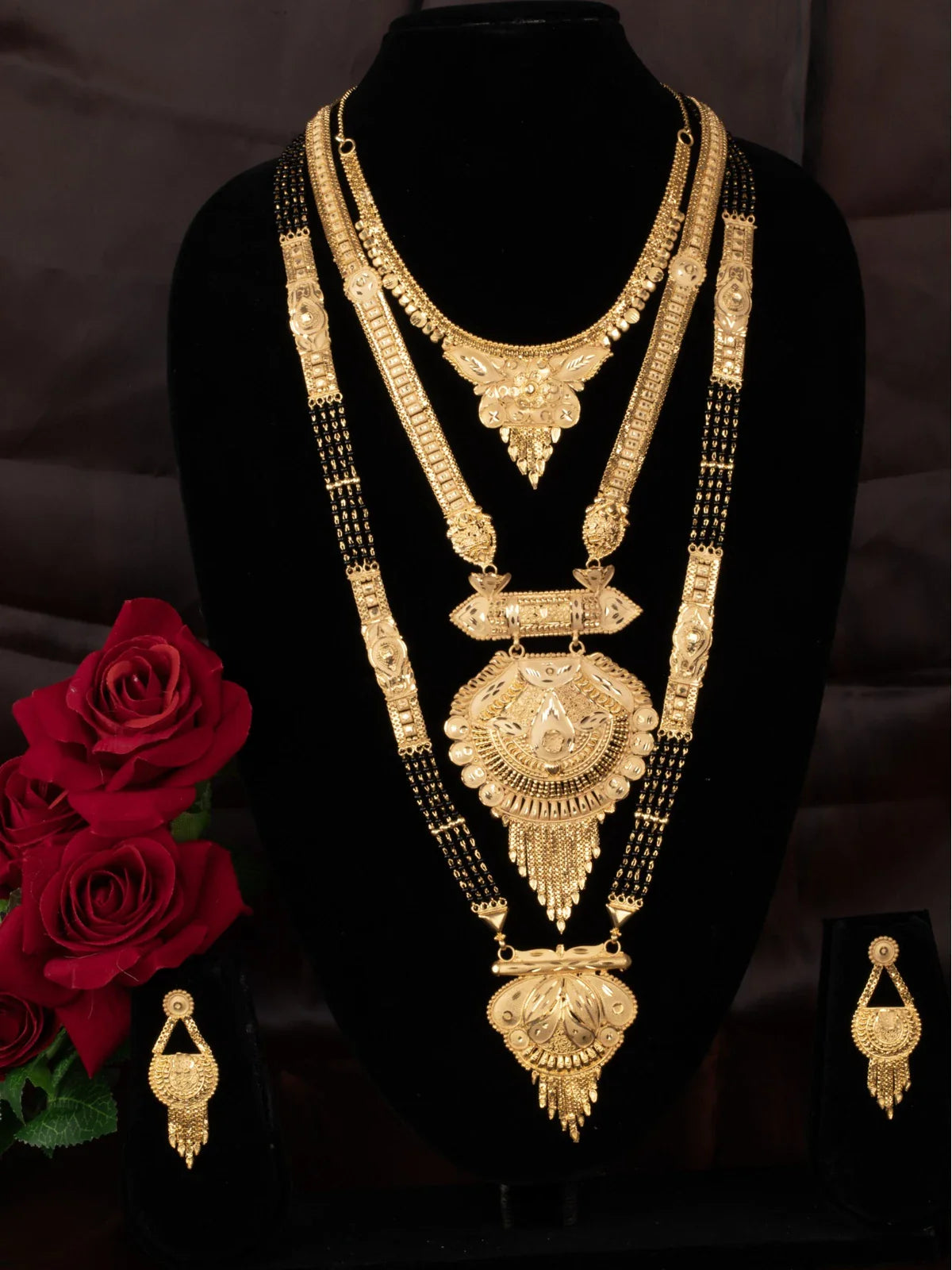 Tarani bridal jewellery set gold plated full view with layered necklaces for wedding wear