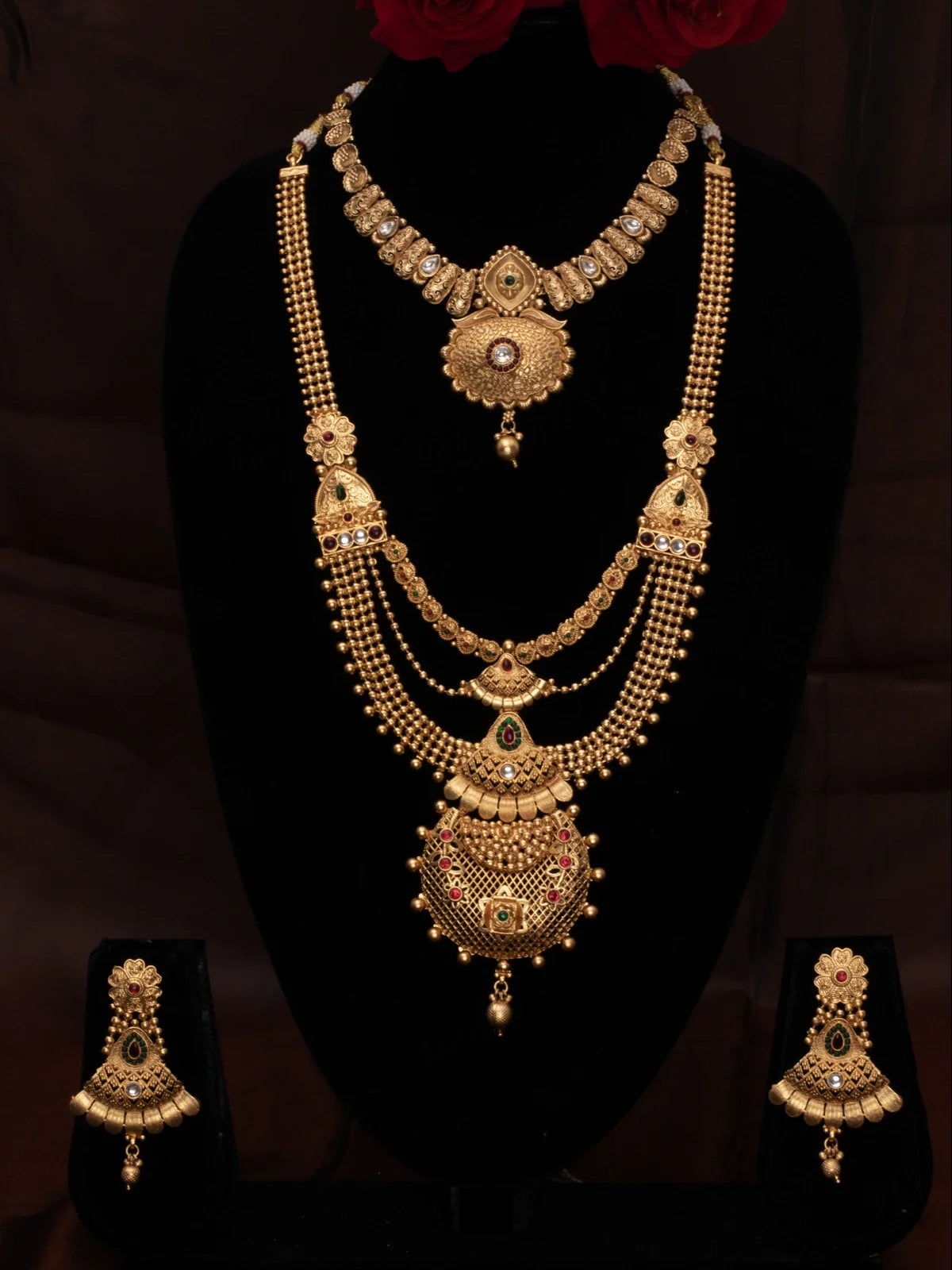 Tarani bridal jewellery set gold plated with long layered necklace and matching earrings for weddings