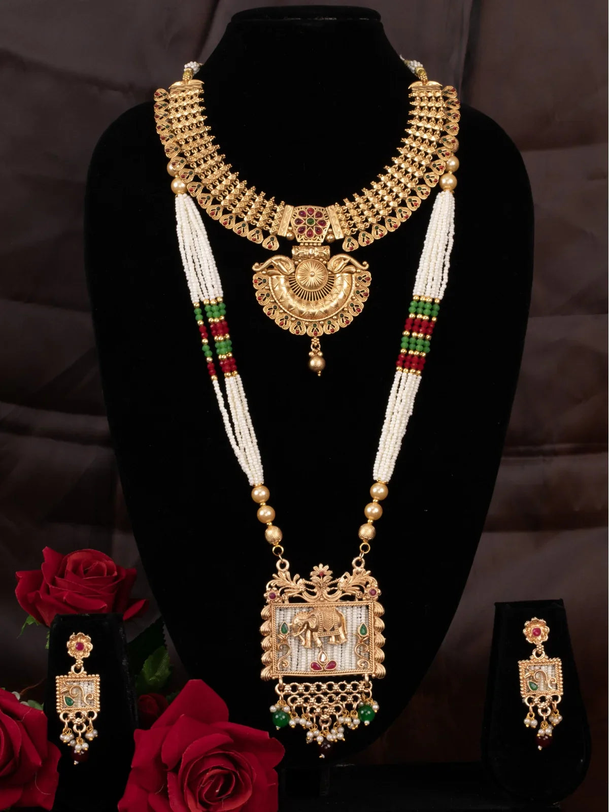 Tarani gold plated bridal jewellery set with pearl beads and antique detailing for weddings