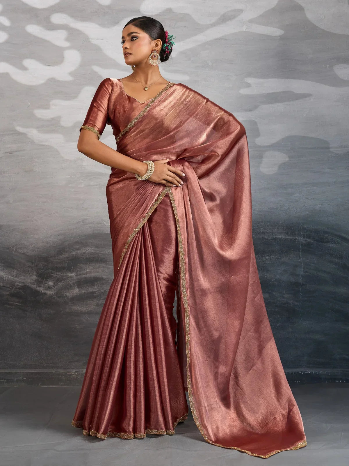 Tarani brown chiffon saree with soft shimmer and lace blouse ideal for party and festive wear