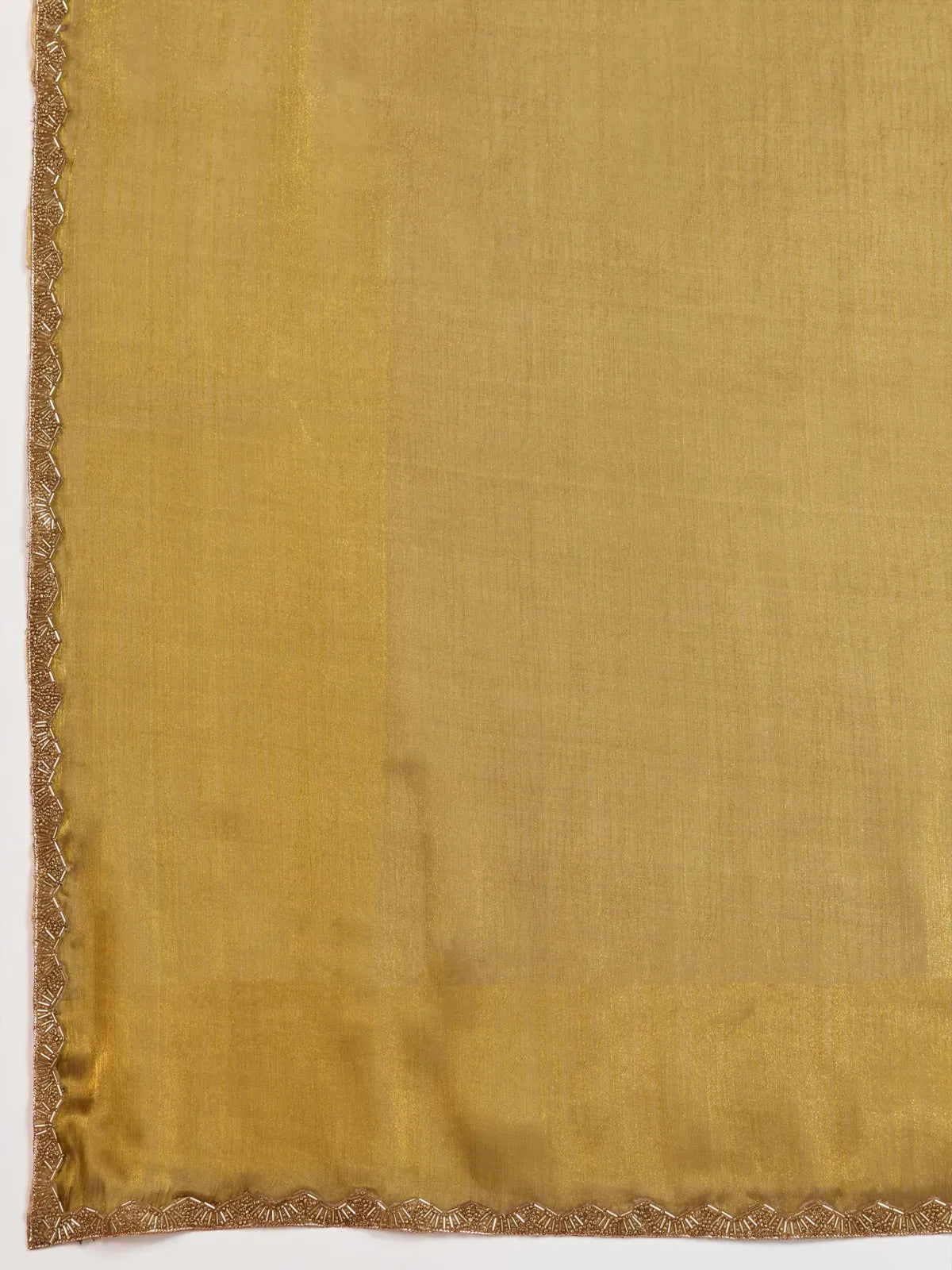 Tarani golden chiffon saree fabric texture with beads and cutdana lace closeup