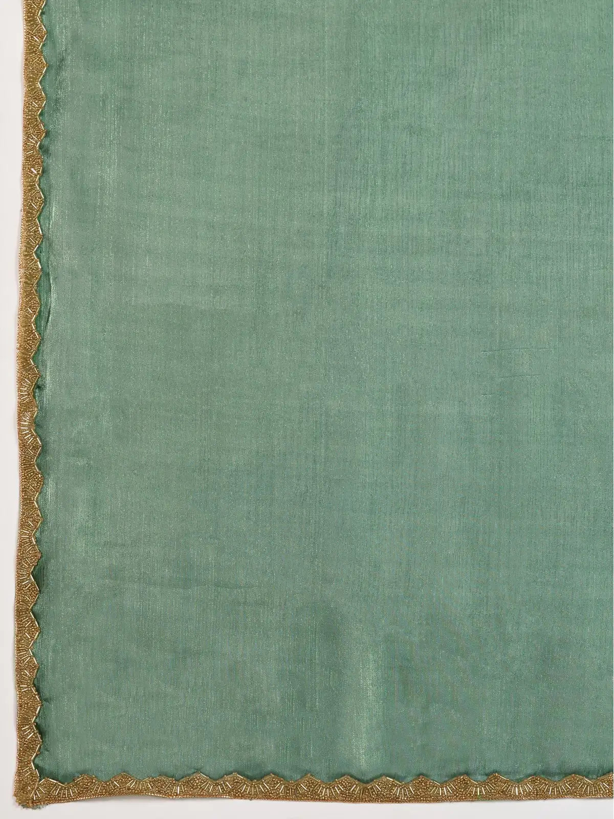 Tarani green chiffon saree closeup of applique lace work and fine fabric detailing