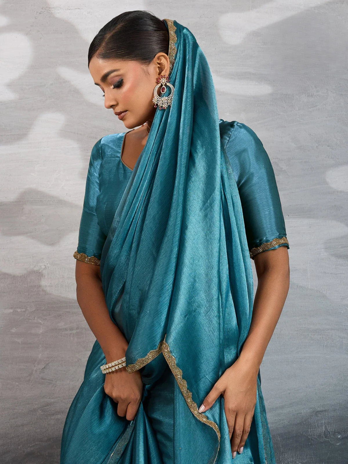 Tarani Burberry chiffon saree upper body view highlighting blouse and elegant drape