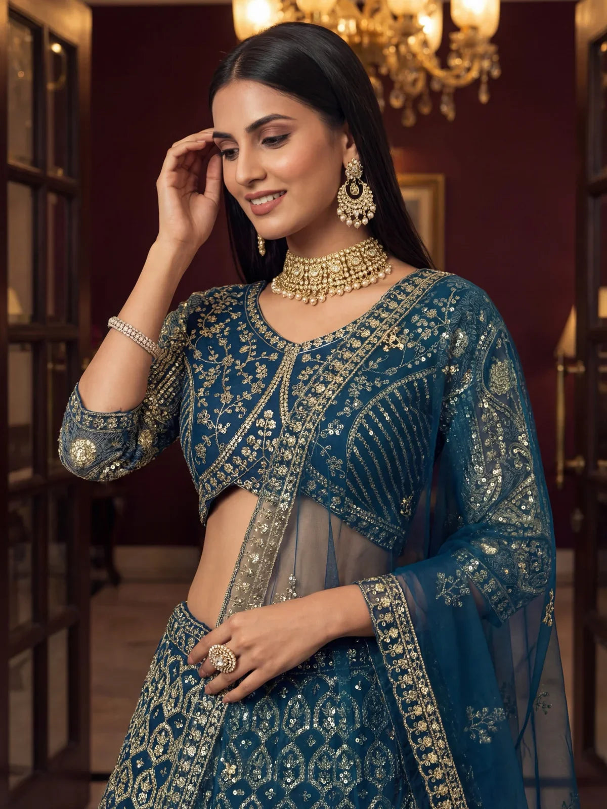 Tarani elegant blue embroidered butterfly net lehenga upper body view with blouse details