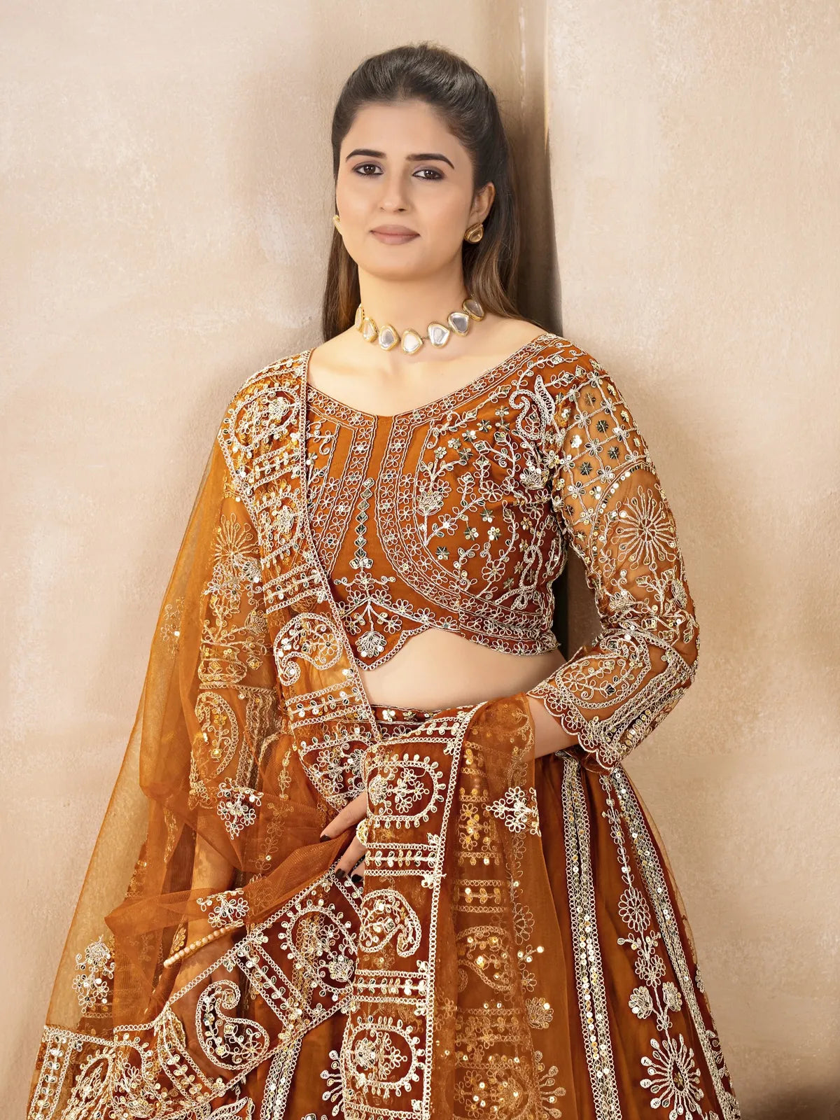 Tarani brown butterfly net lehenga close-up of blouse and dupatta embroidery