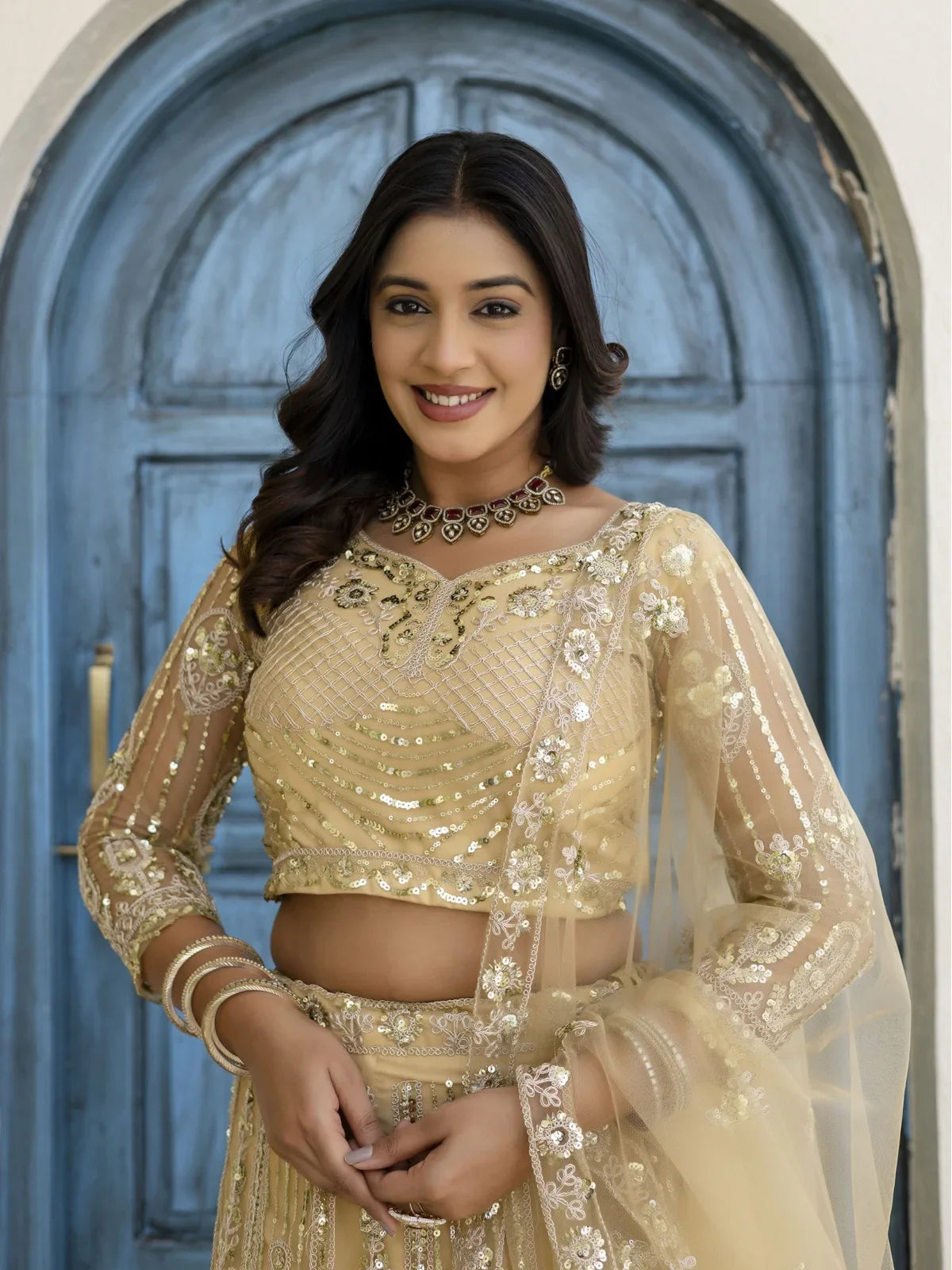 Tarani lehenga upper body view showcasing blouse embroidery and neckline