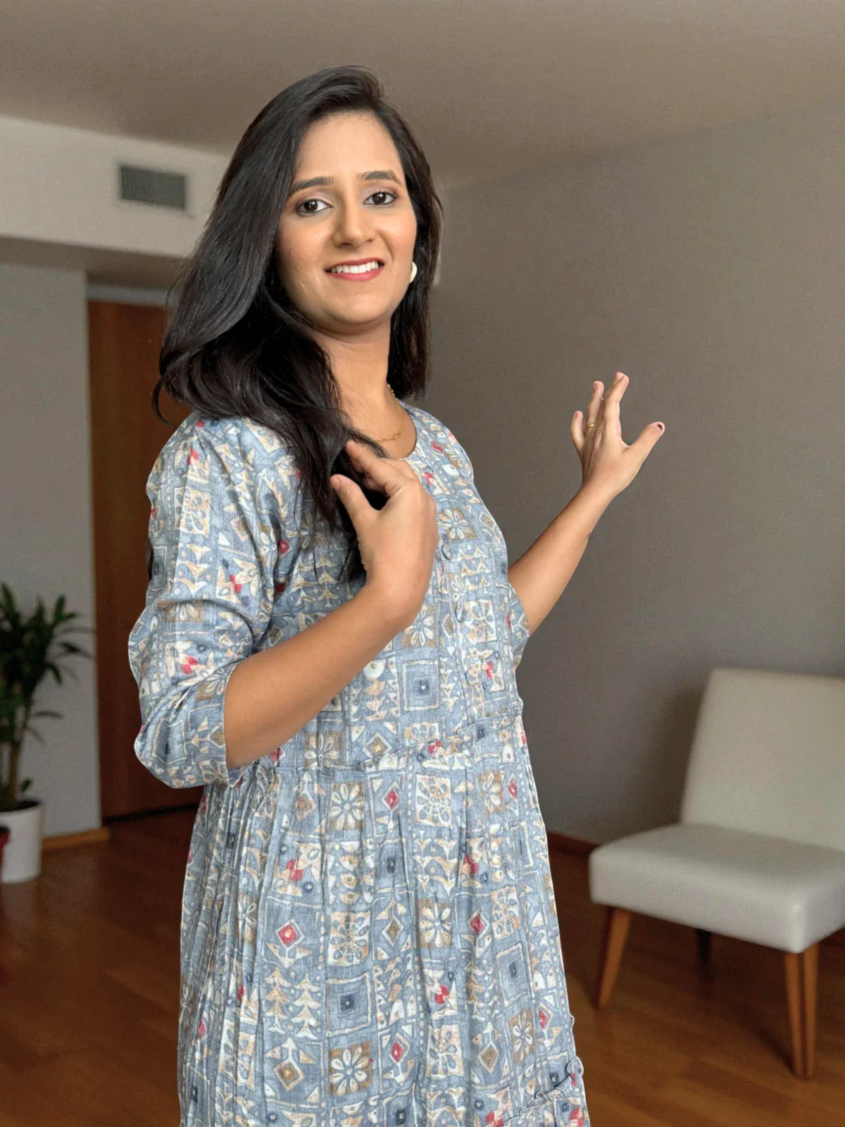 Tarani blue capsule cotton midi dress upper body view