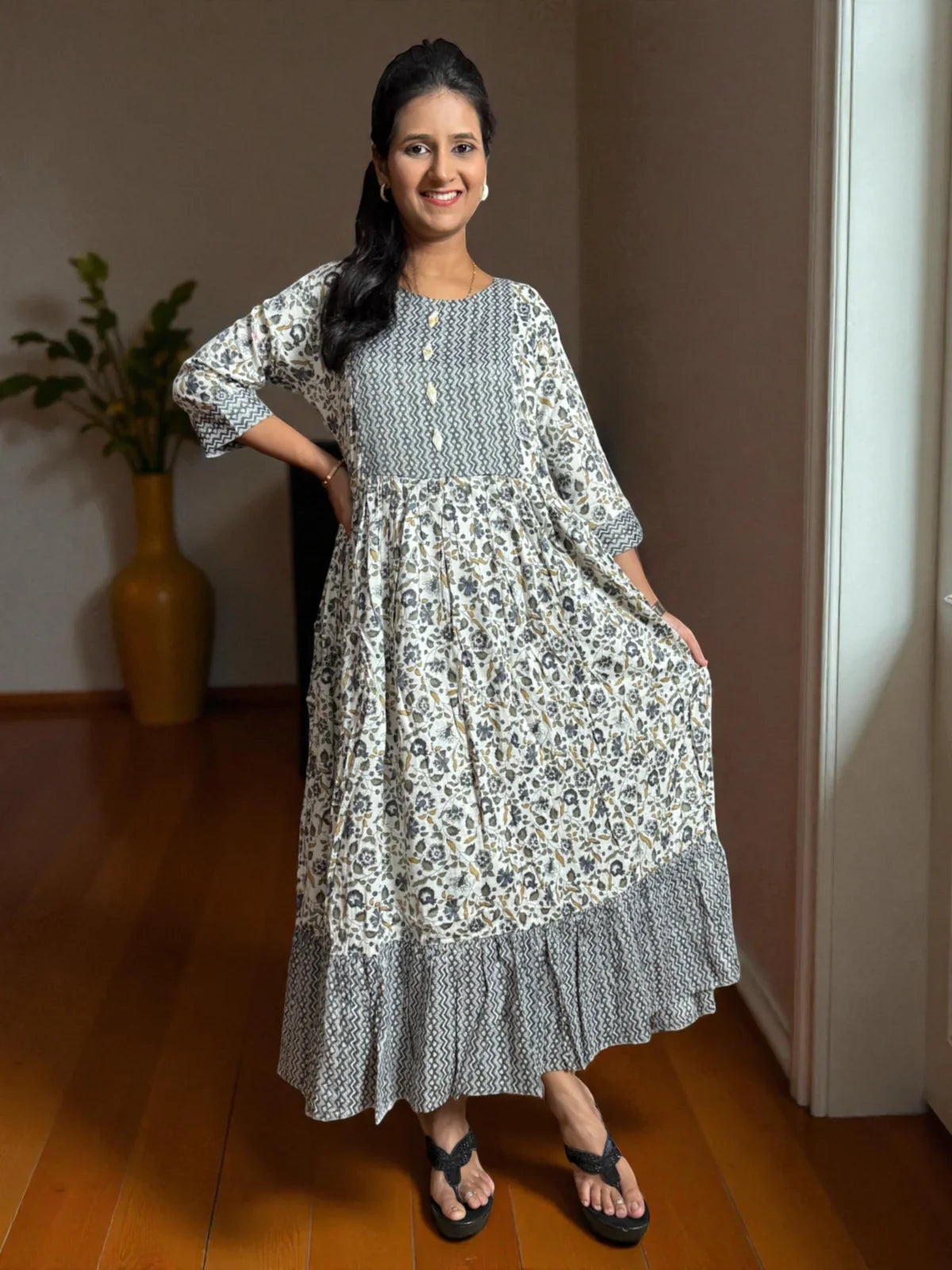 Tarani elegant grey capsule cotton midi dress with floral print in full view