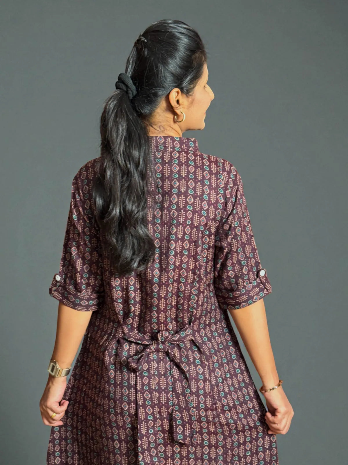 Tarani maroon capsule cotton midi dress back view with waist tie and rolled sleeves