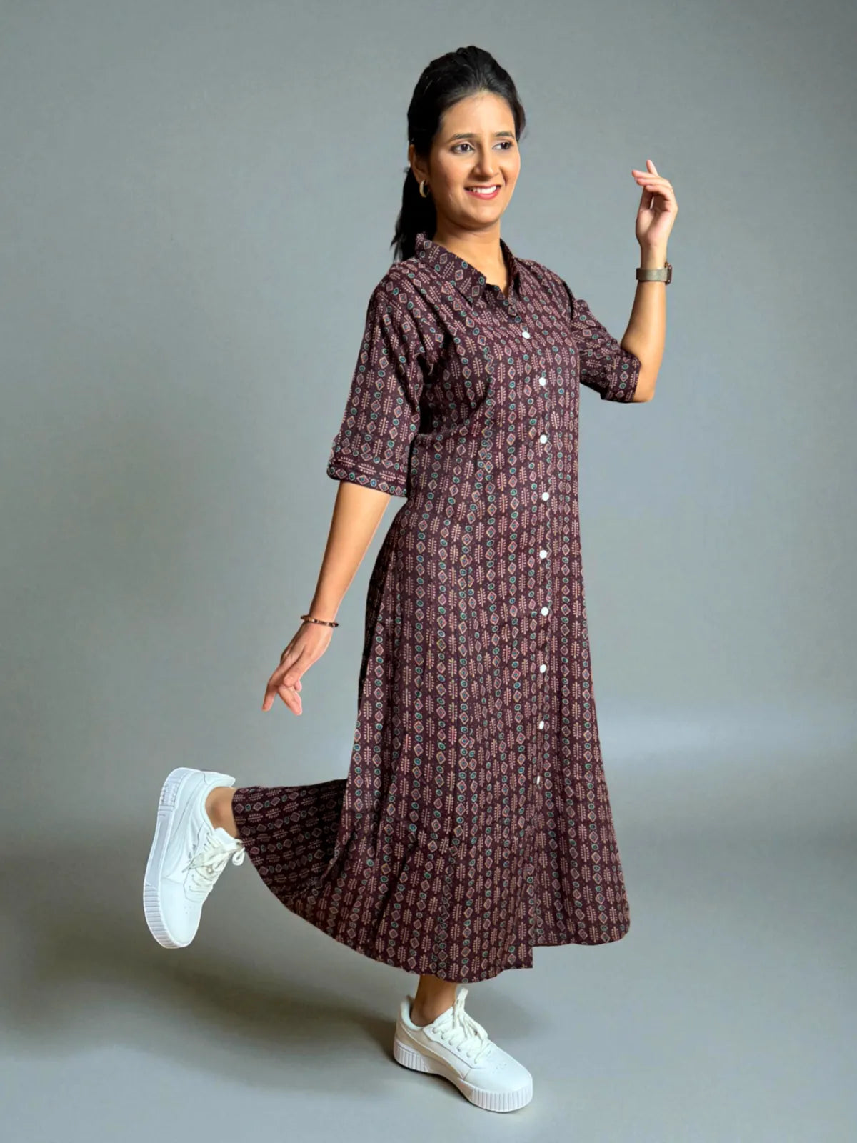 Tarani maroon capsule cotton midi dress full view with button-down front and flared hem