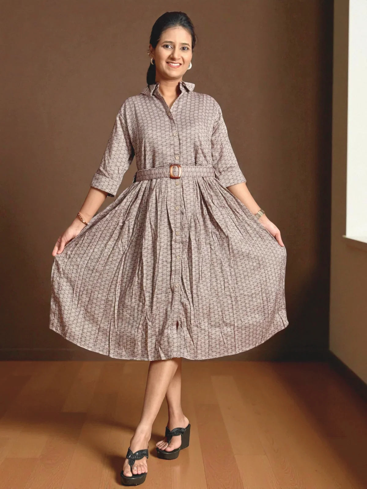 Tarani capsule cotton midi dress full front pose with flare and button line – front view