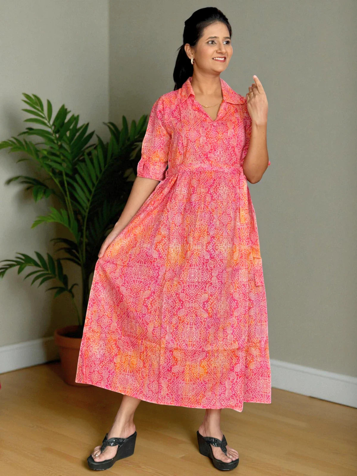Tarani pink capsule cotton midi dress full view alternate pose with vibrant print