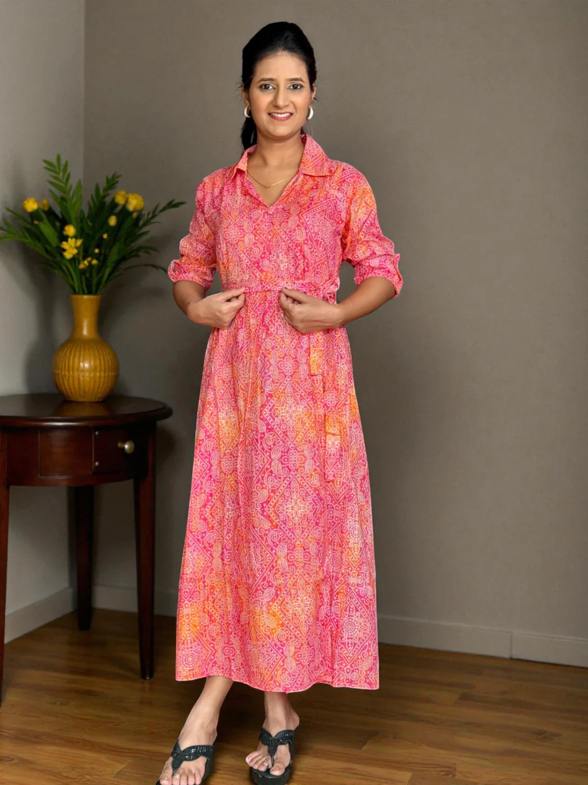 Tarani pink capsule cotton midi dress full view with fit and flare design