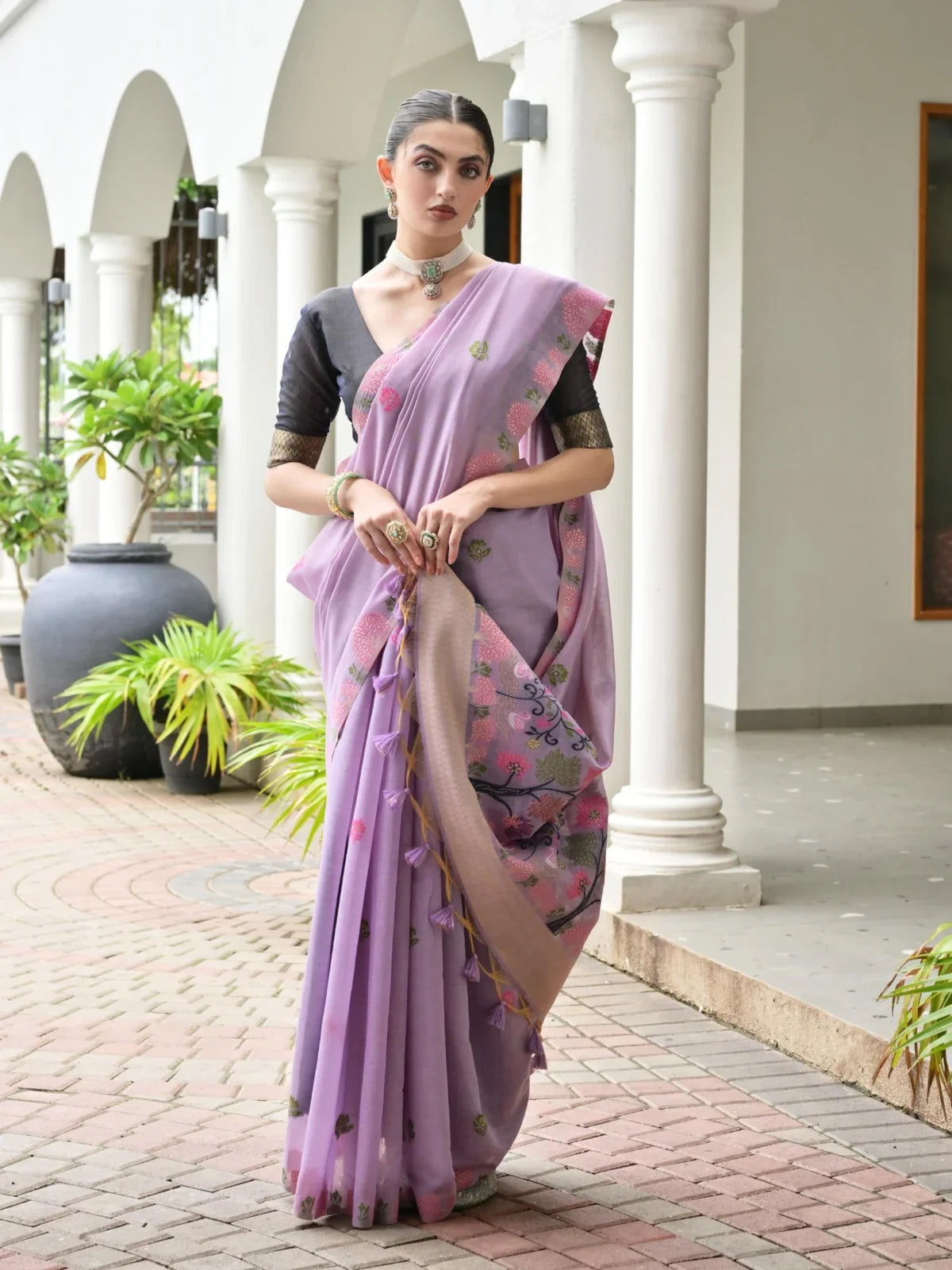 Tarani lavender chanderi cotton saree full view with floral detailing