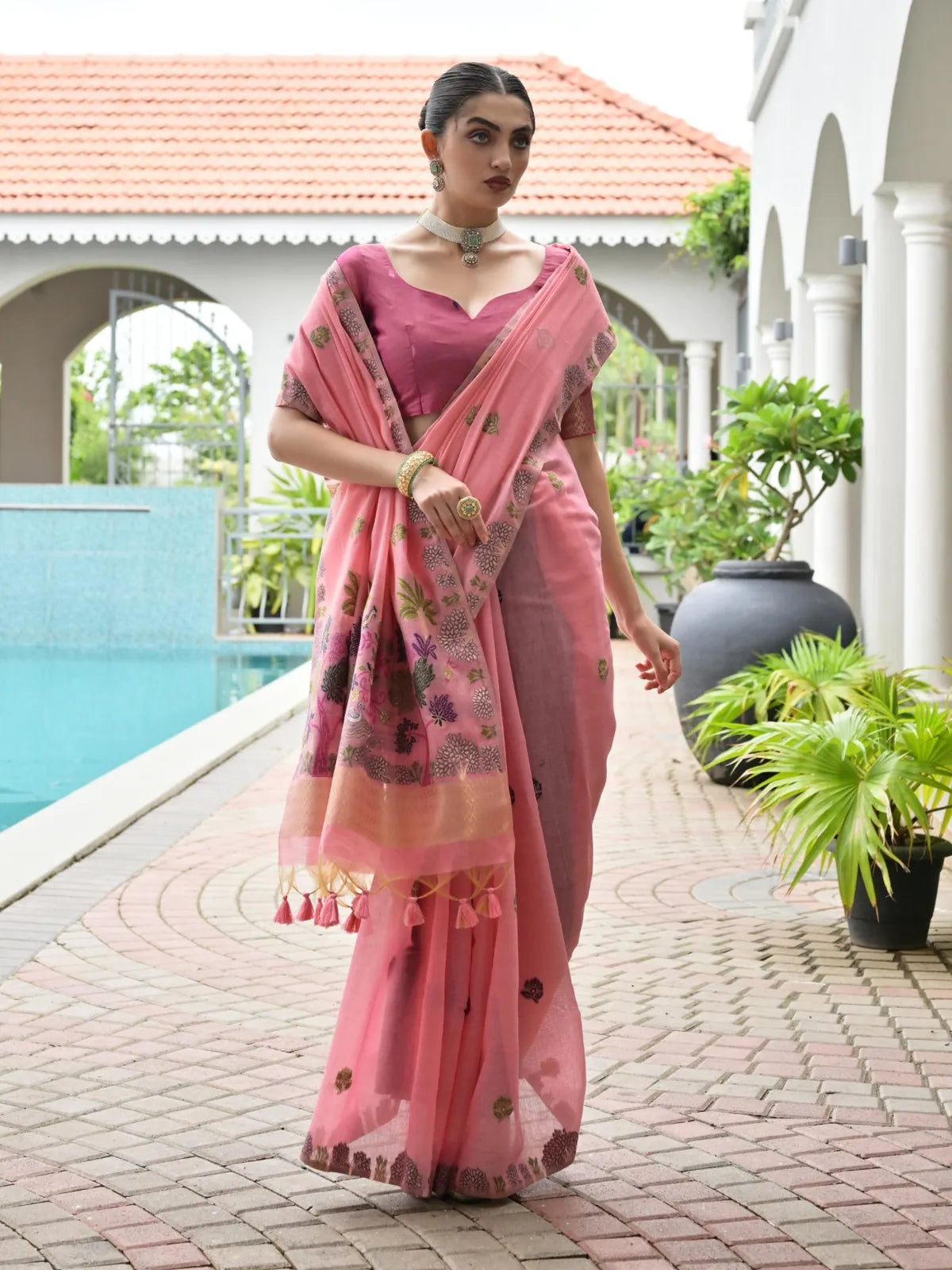Tarani pink Chanderi cotton saree with full view showcasing woven motifs and soft drape