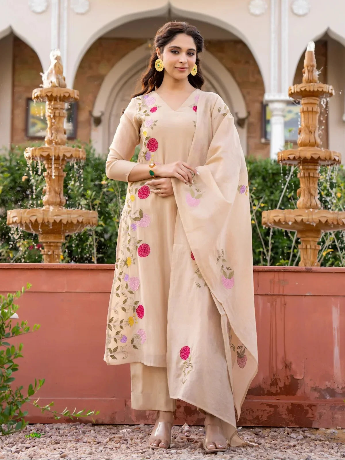 Tarani beige chanderi dress with floral embroidery and matching dupatta in full view