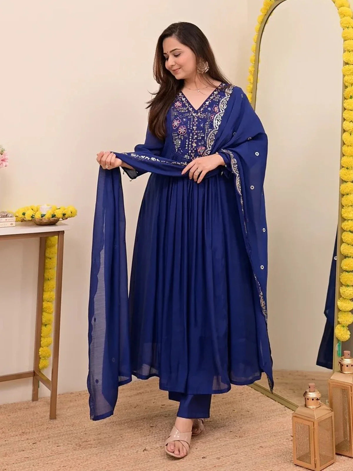 Tarani premium blue embroidered chanderi silk suit full view with pant and dupatta