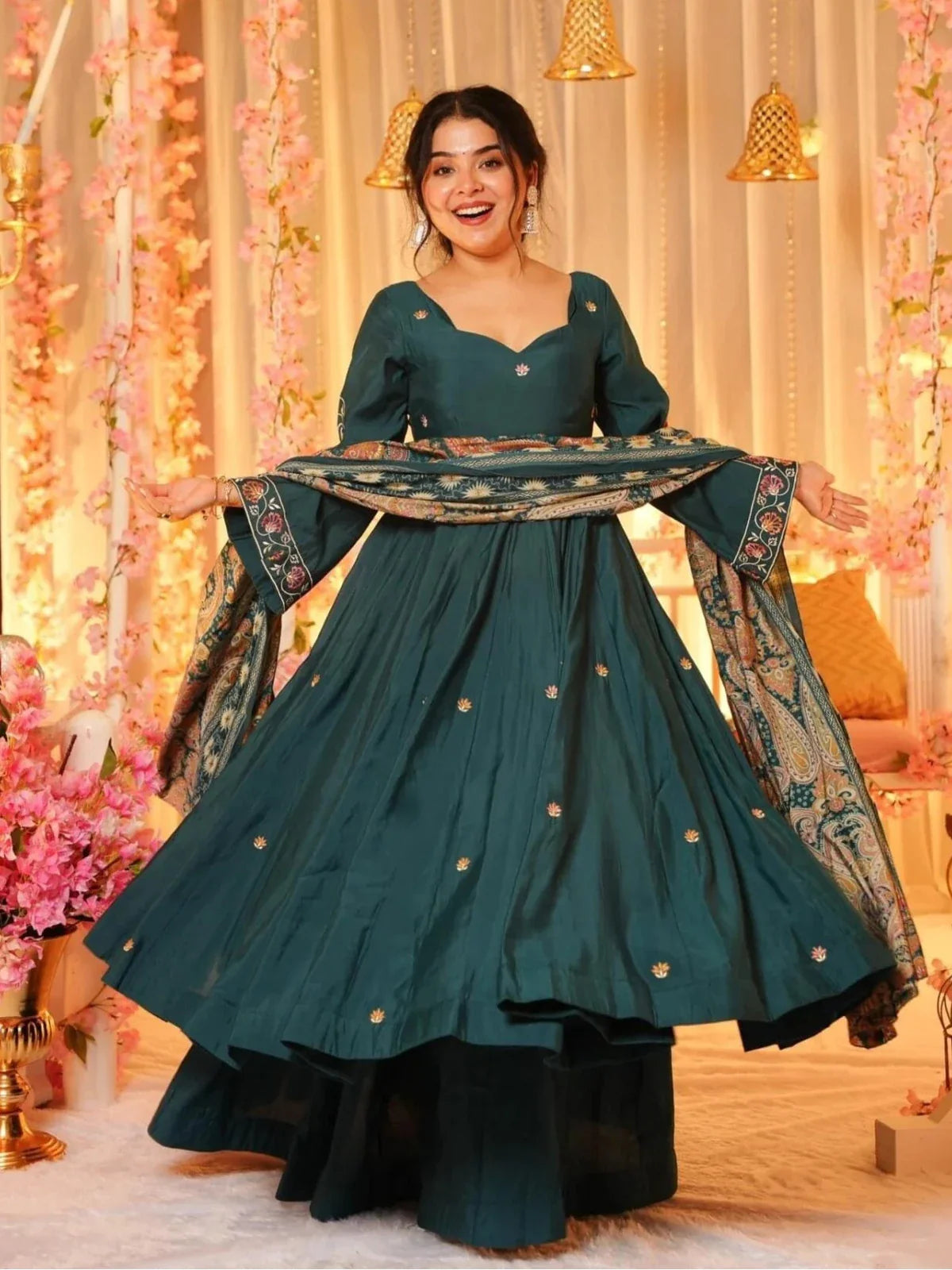 Tarani green festive chanderi dress front view with printed dupatta and elegant fall